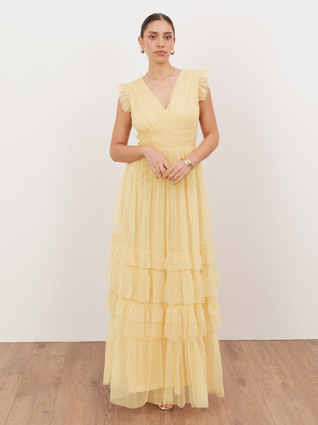 Anaya With Love Recycled Butter Yellow Flutter Sleeve Ruffle Maxi Dress
