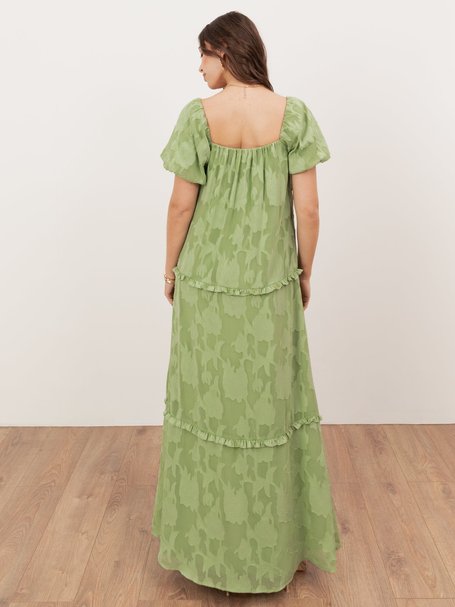 Anaya With Love Recycled Green Tea Floral burnout Short Sleeve Tiered Maxi Dress