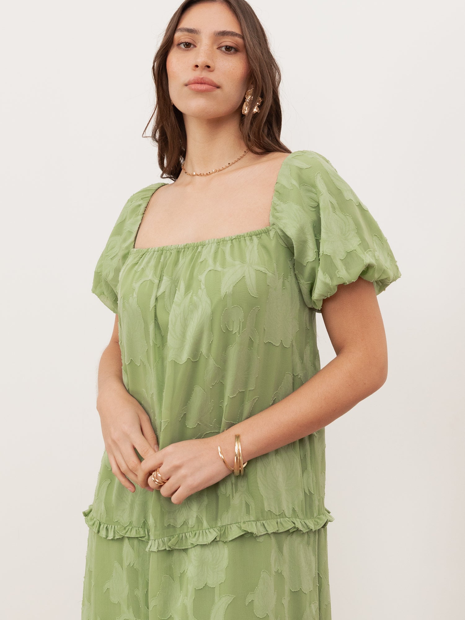 Anaya With Love Recycled Green Tea Floral burnout Short Sleeve Tiered Maxi Dress