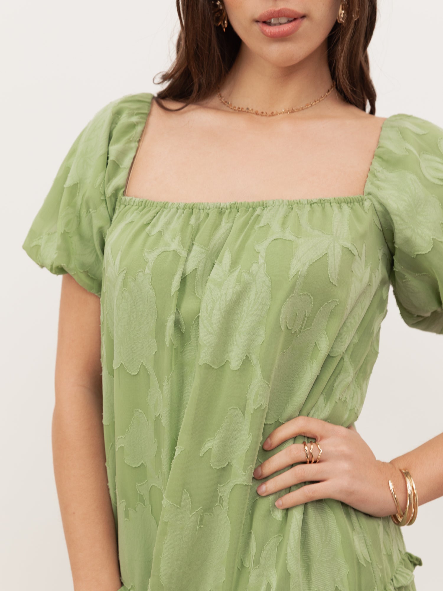 Anaya With Love Recycled Green Tea Floral burnout Short Sleeve Tiered Maxi Dress