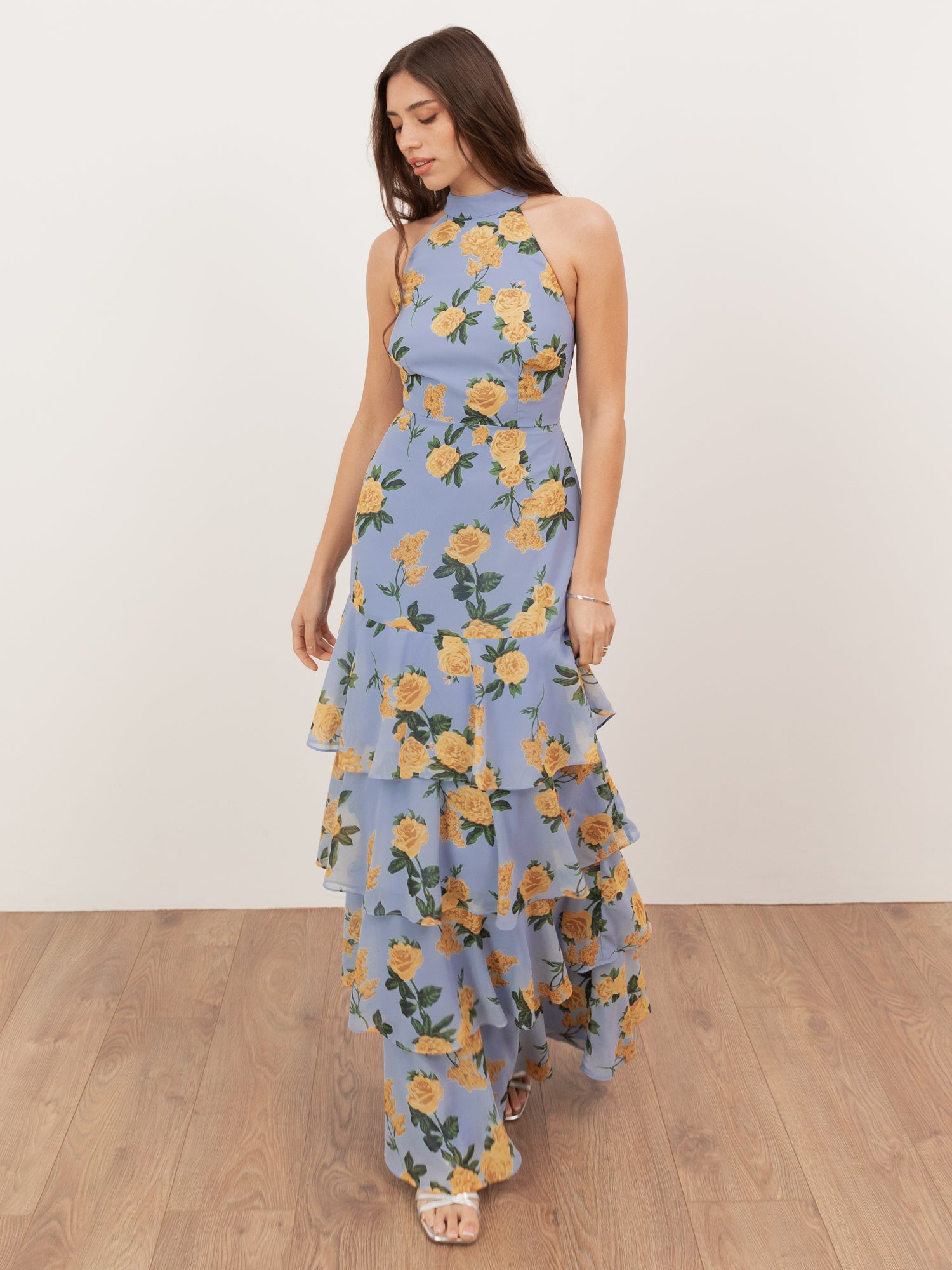 Anaya With Love Recycled Floral Print Halter Neck Tiered Maxi Dress
