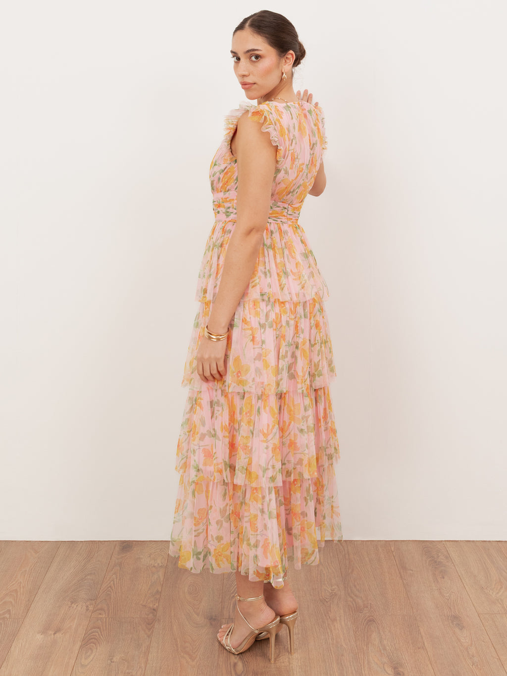 Anaya With Love Recycled Pink Floral V Neck Tiered Midaxi Dress