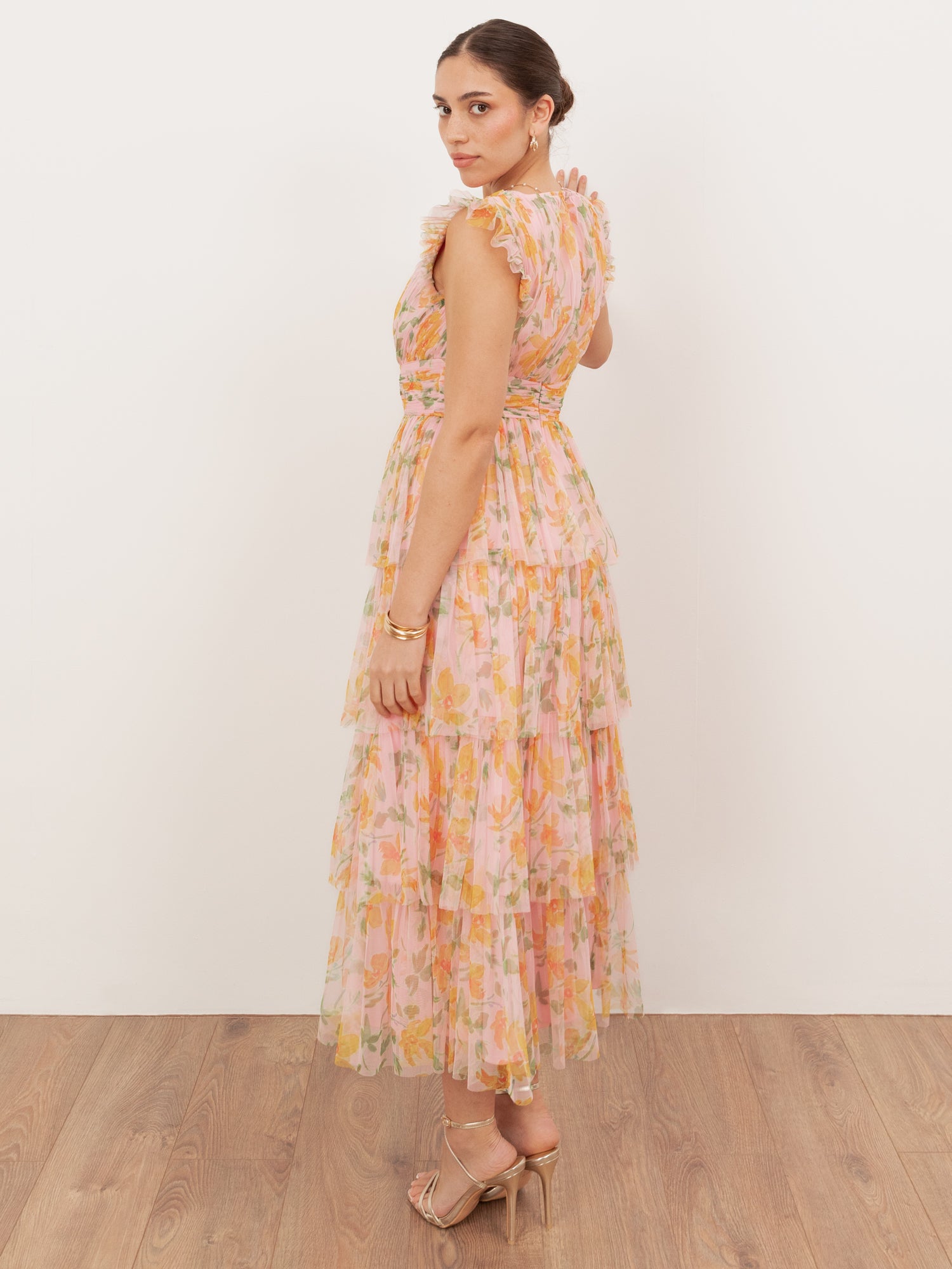 Anaya With Love Recycled Pink Floral V Neck Tiered Midaxi Dress