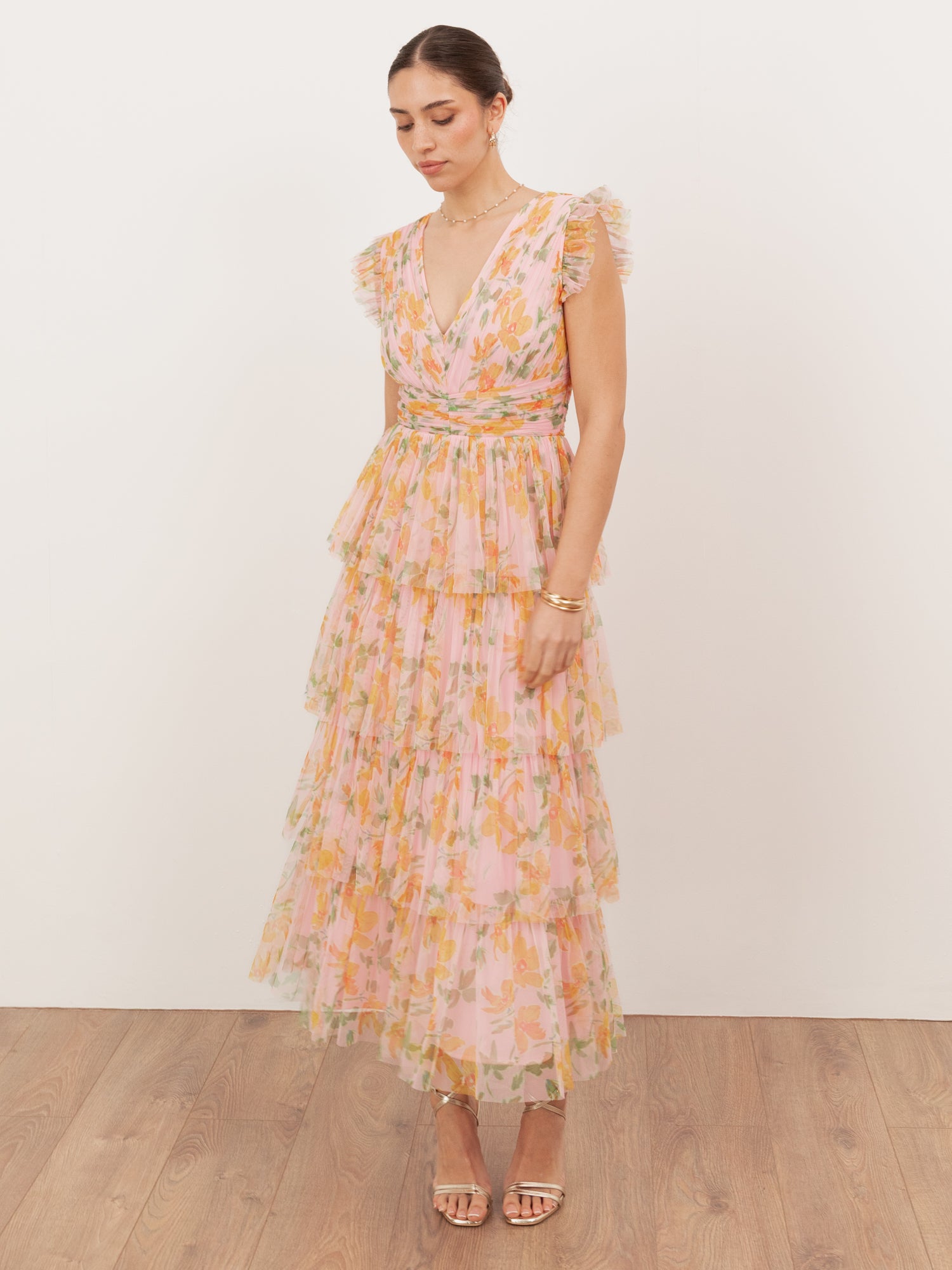 Anaya With Love Recycled Pink Floral V Neck Tiered Midaxi Dress