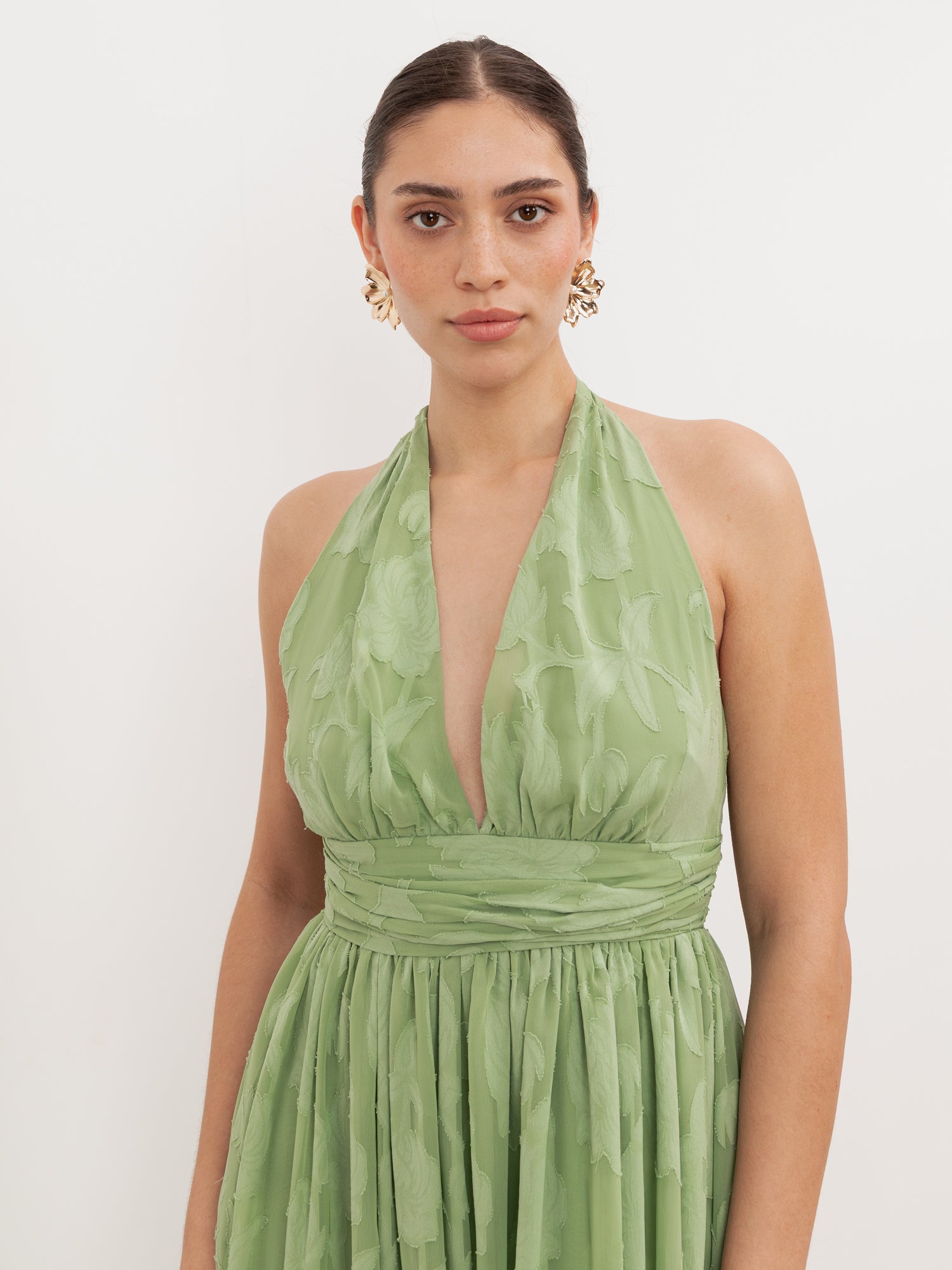 Anaya With Love Recycled Green Tea Floral Burnout Halter Neck Midaxi Dress