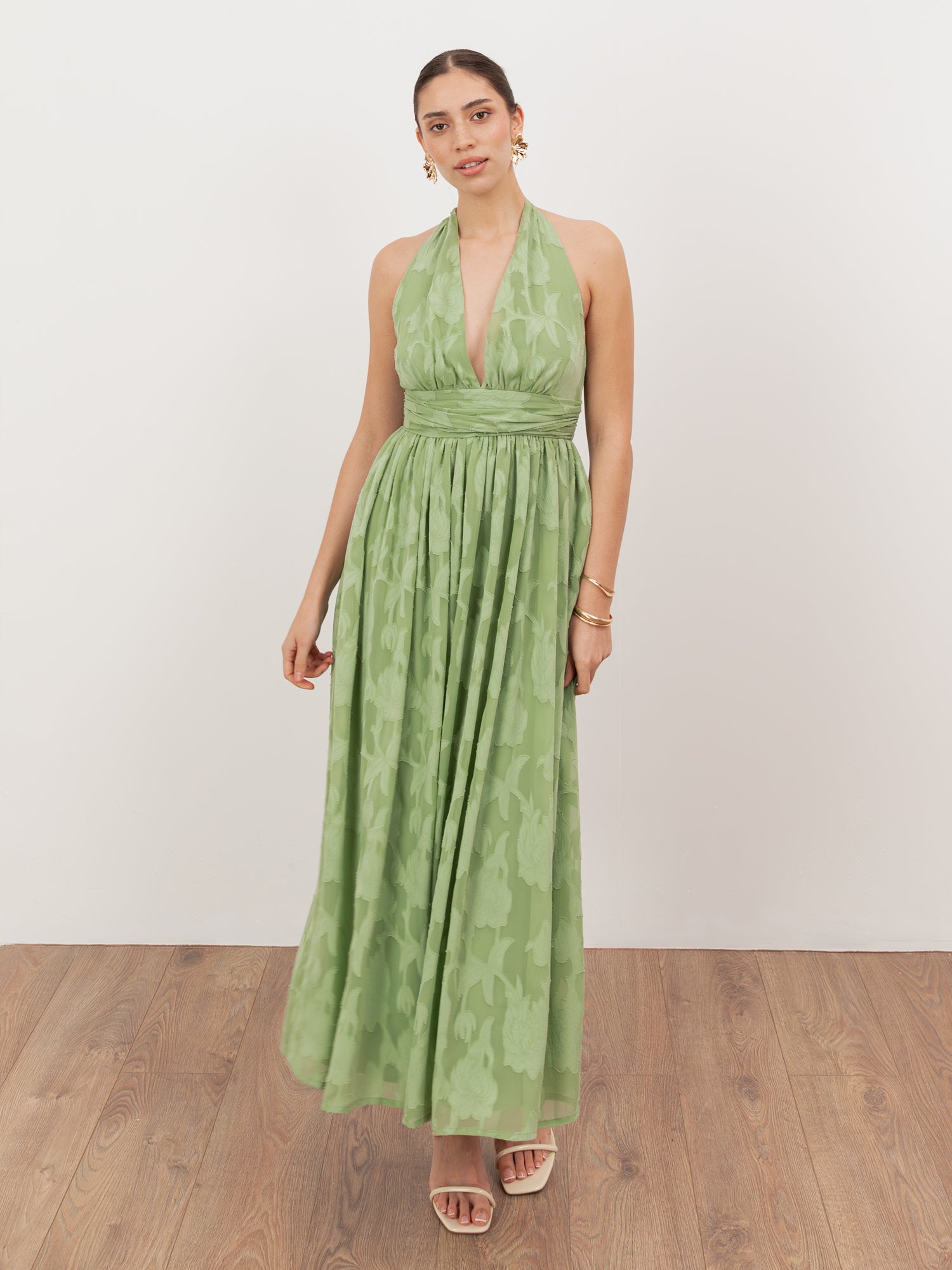 Anaya With Love Recycled Green Tea Floral Burnout Halter Neck Midaxi Dress