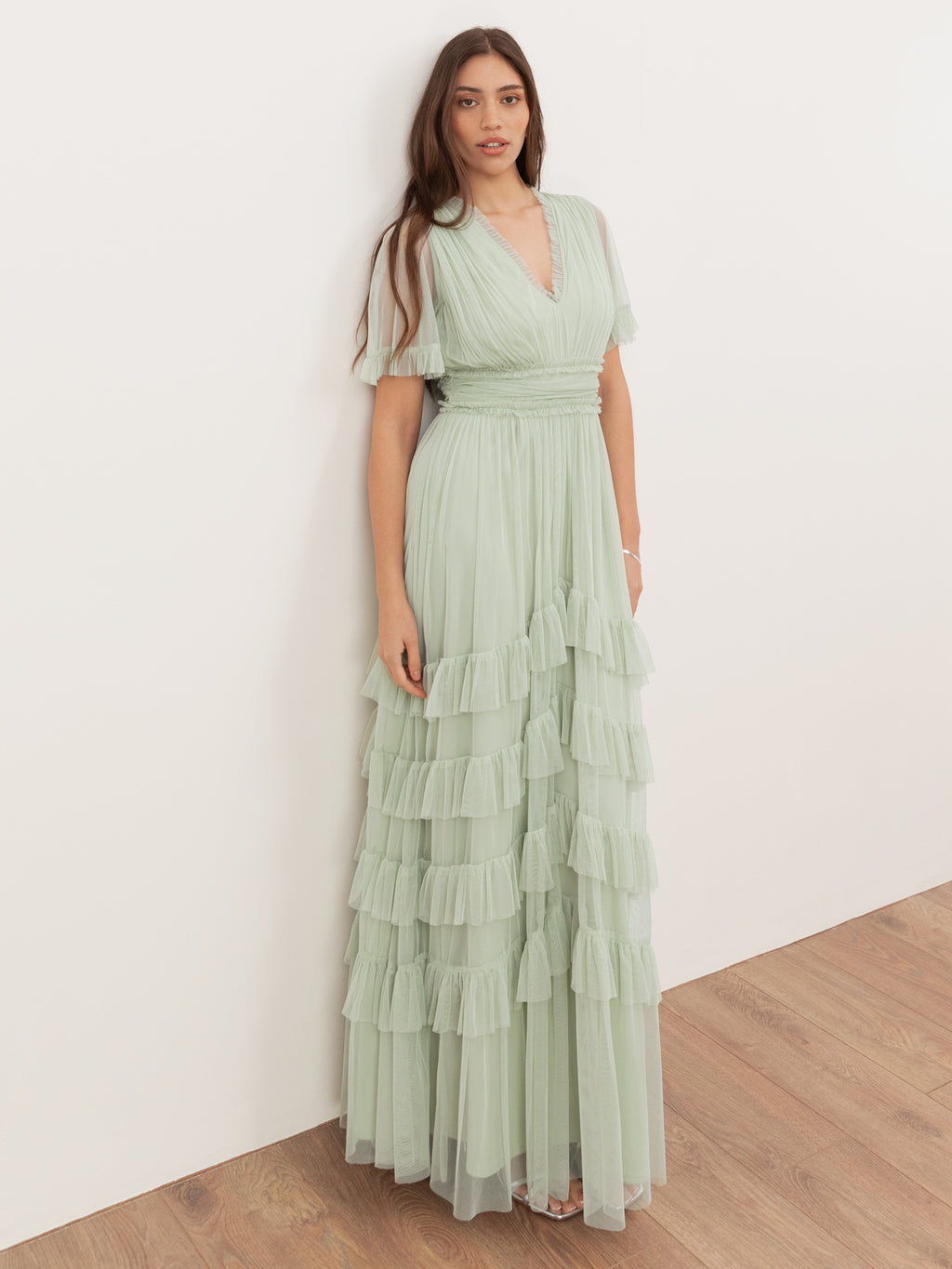 Anaya With Love Recycled Soft Sage V Neck Ruffle Maxi Dress