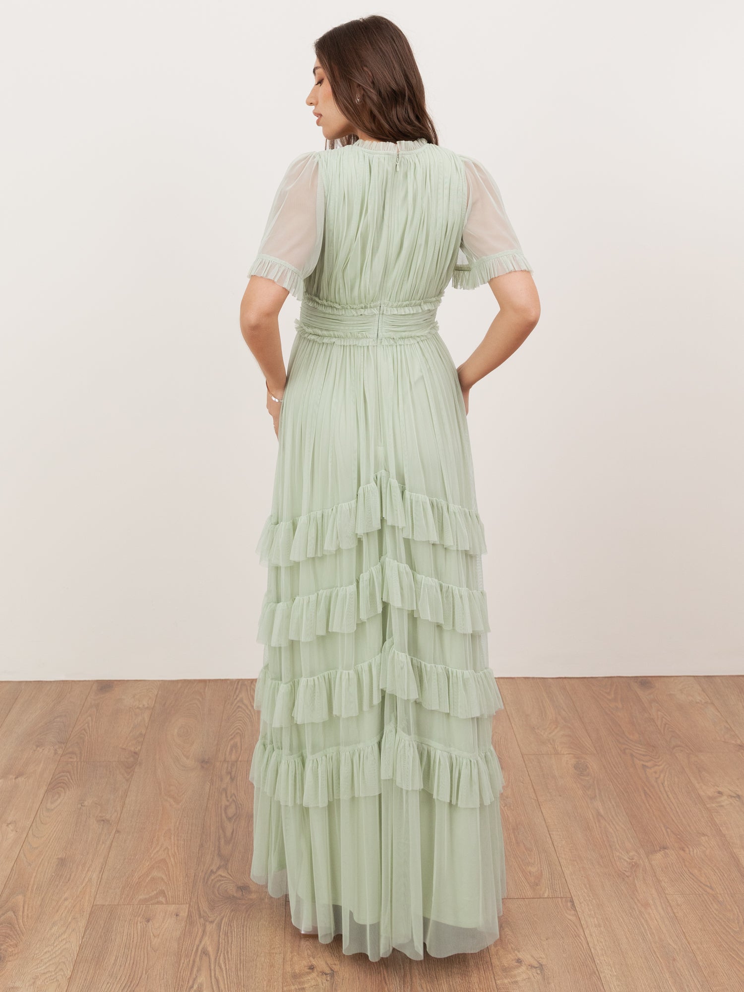 Anaya With Love Recycled Soft Sage V Neck Ruffle Maxi Dress