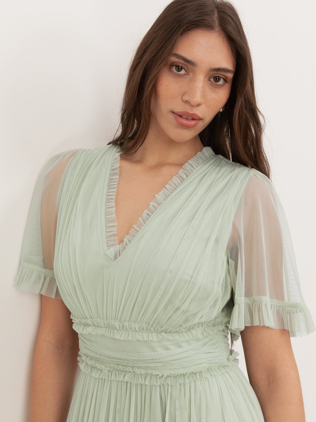 Anaya With Love Recycled Soft Sage V Neck Ruffle Maxi Dress