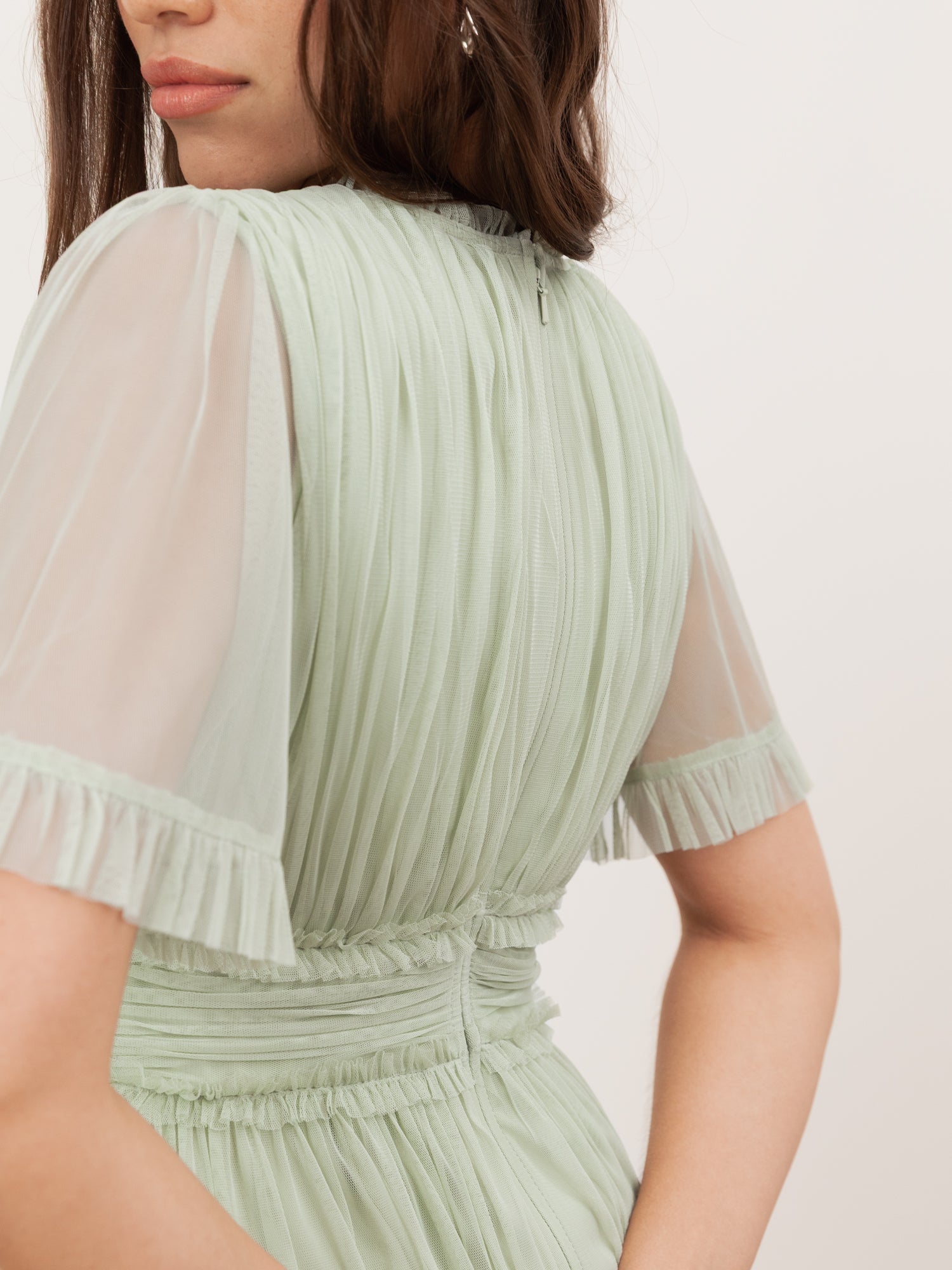 Anaya With Love Recycled Soft Sage V Neck Ruffle Maxi Dress