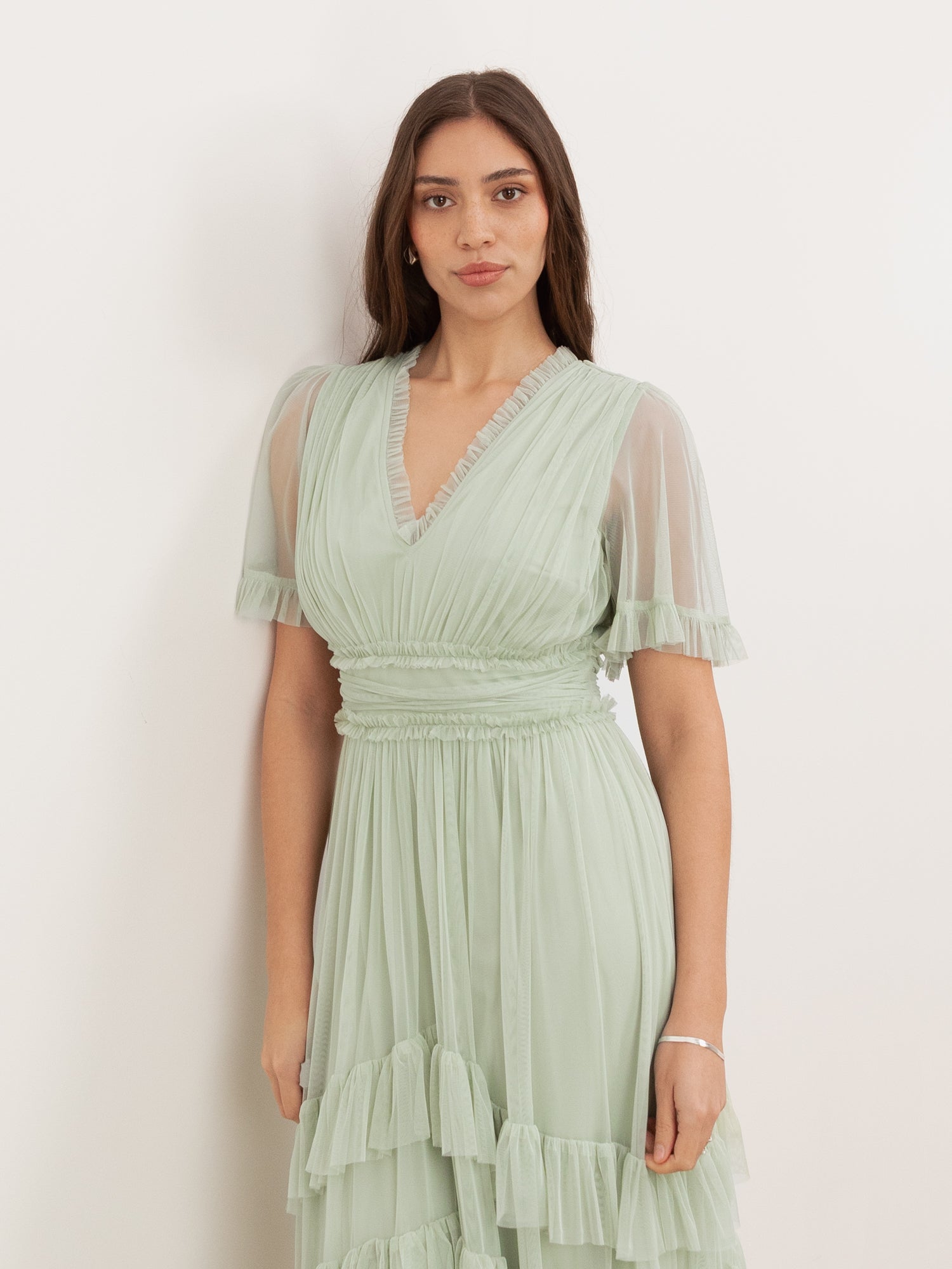 Anaya With Love Recycled Soft Sage V Neck Ruffle Maxi Dress