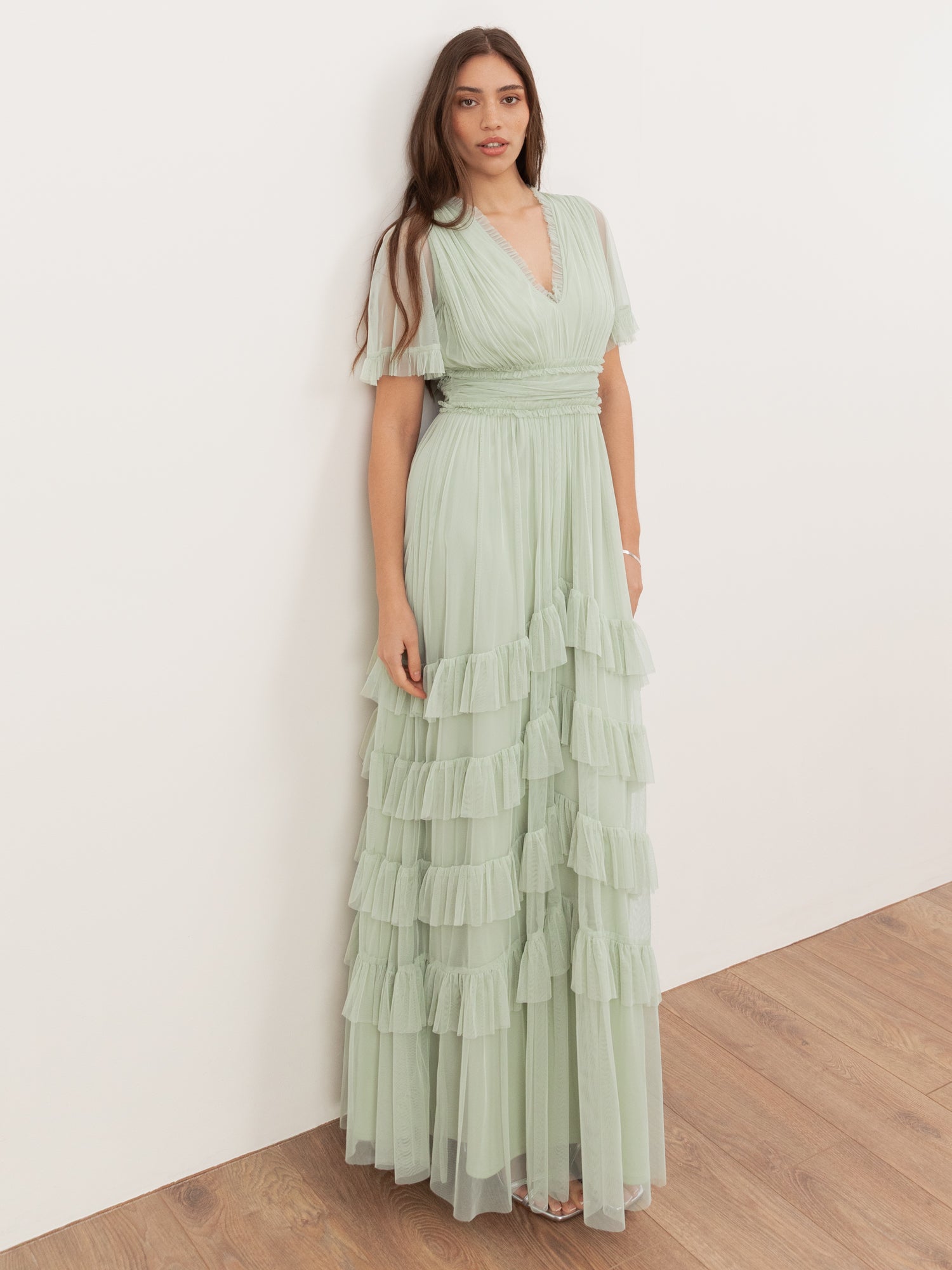 Anaya With Love Recycled Soft Sage V Neck Ruffle Maxi Dress