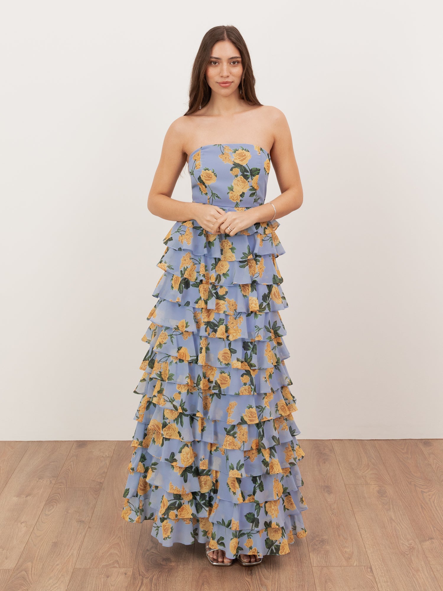 Anaya With Love Recycled Blue Floral Bandeau Tiered Maxi Dress