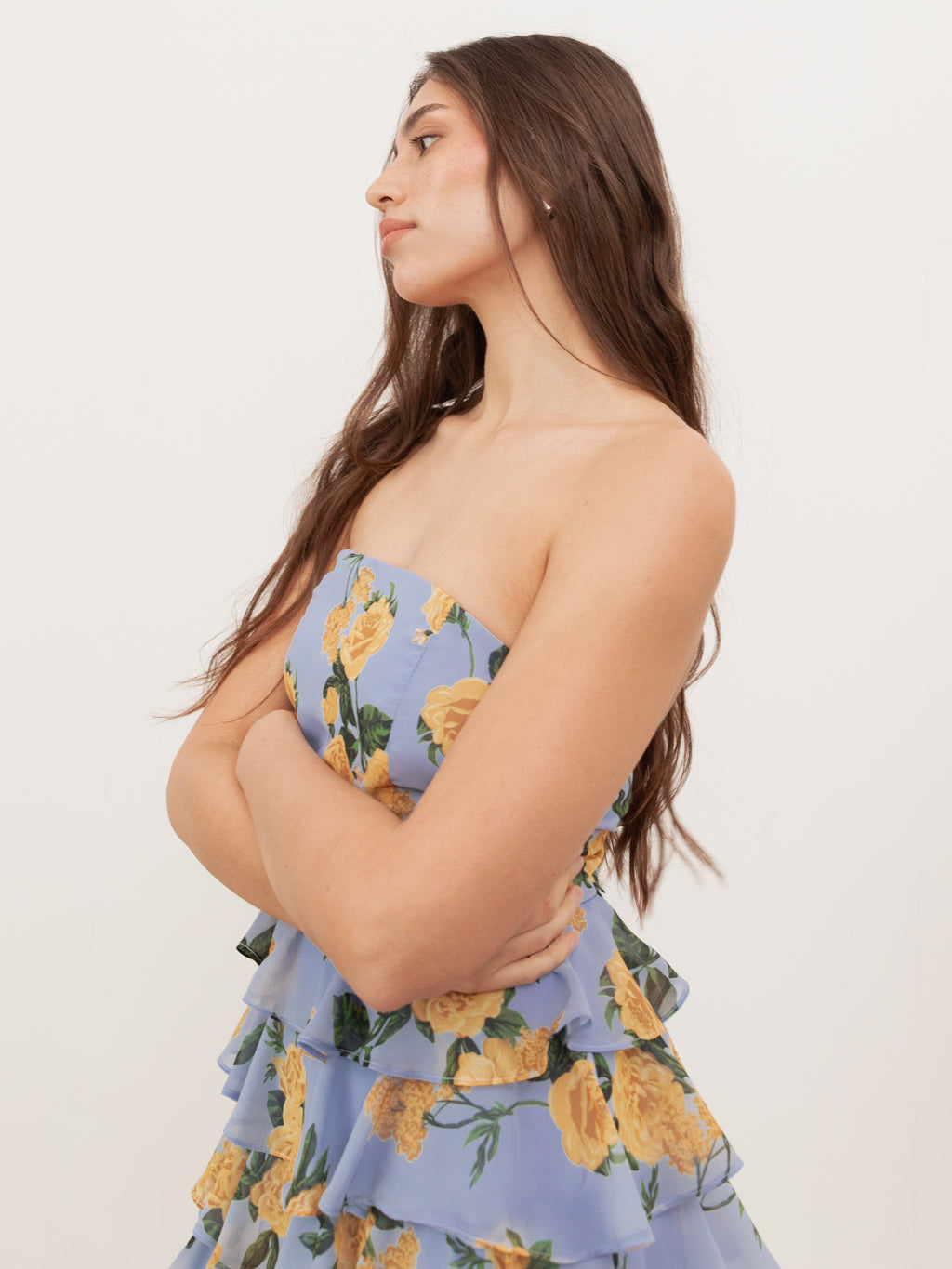 Anaya With Love Recycled Blue Floral Bandeau Tiered Maxi Dress