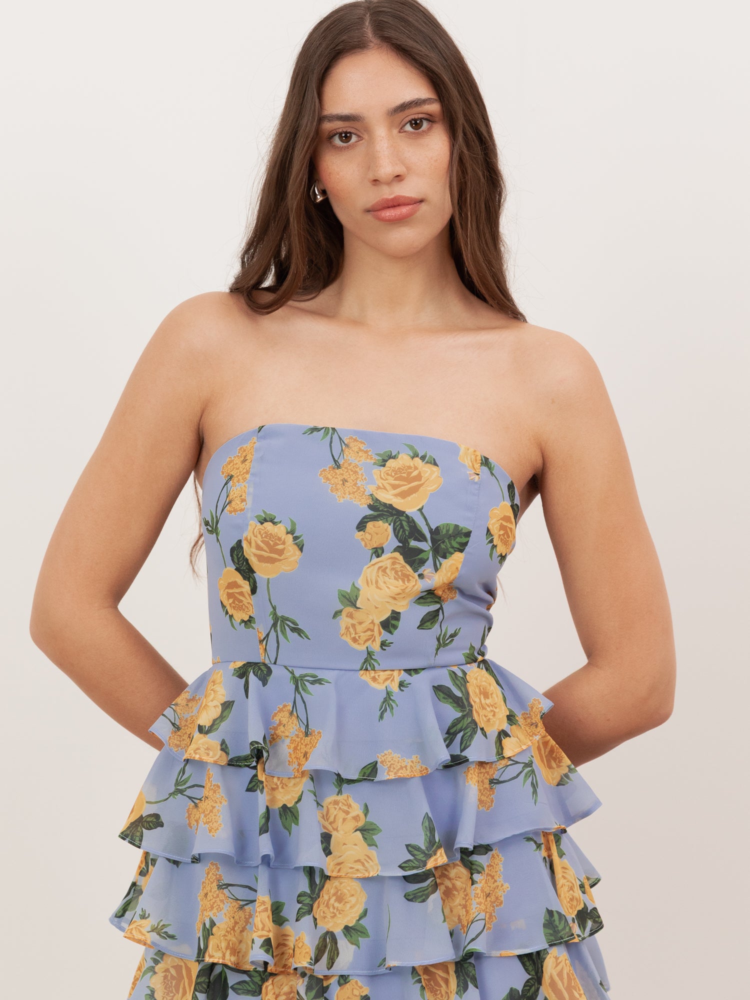 Anaya With Love Recycled Blue Floral Bandeau Tiered Maxi Dress
