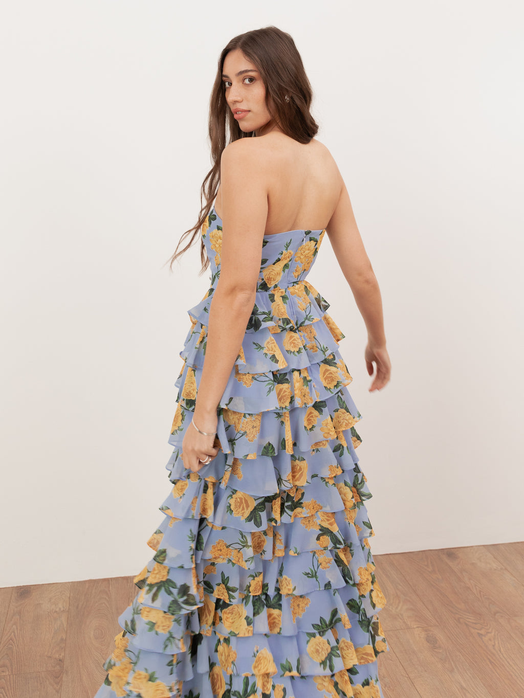 Anaya With Love Recycled Blue Floral Bandeau Tiered Maxi Dress
