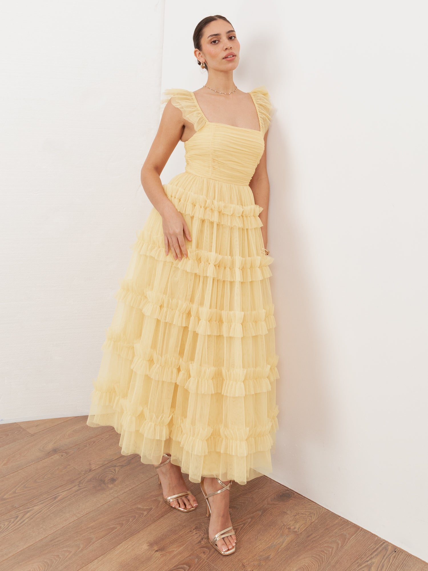 Anaya With Love Recycled Butter Yellow Square Neck Frill Midaxi Dress