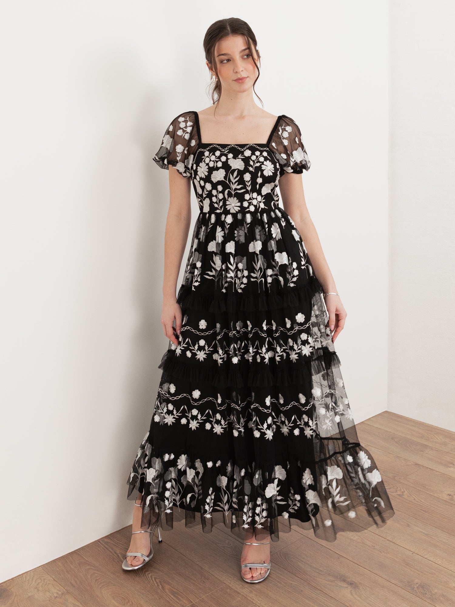 Maya Black Floral Embroidered Short Sleeve Midaxi Dress
