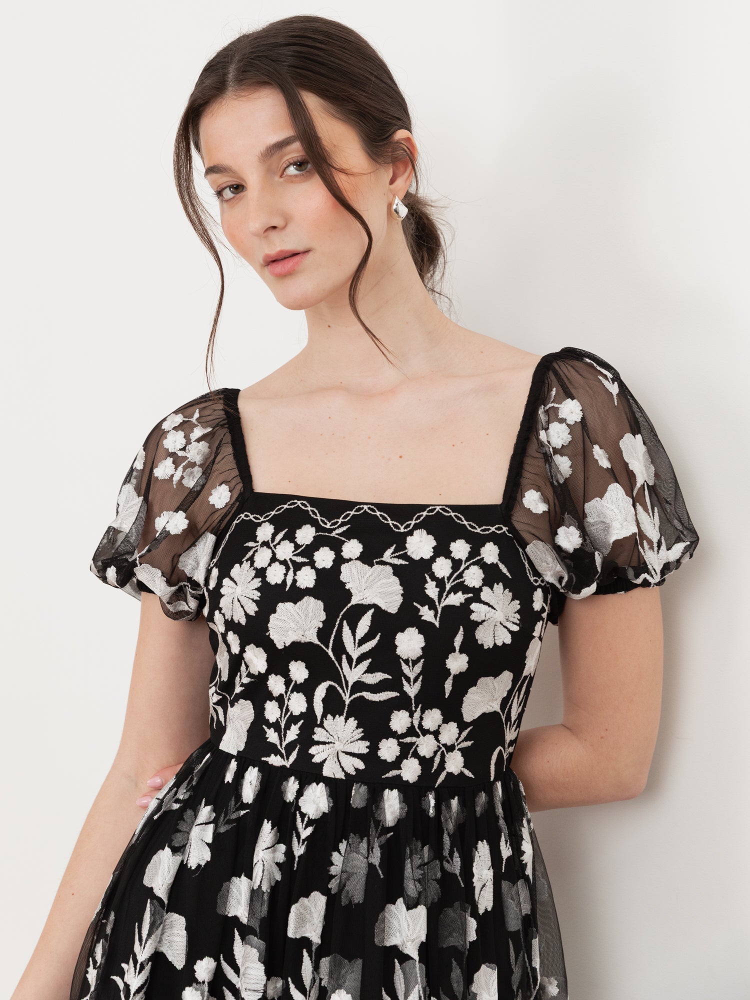 Maya Black Floral Embroidered Short Sleeve Midaxi Dress