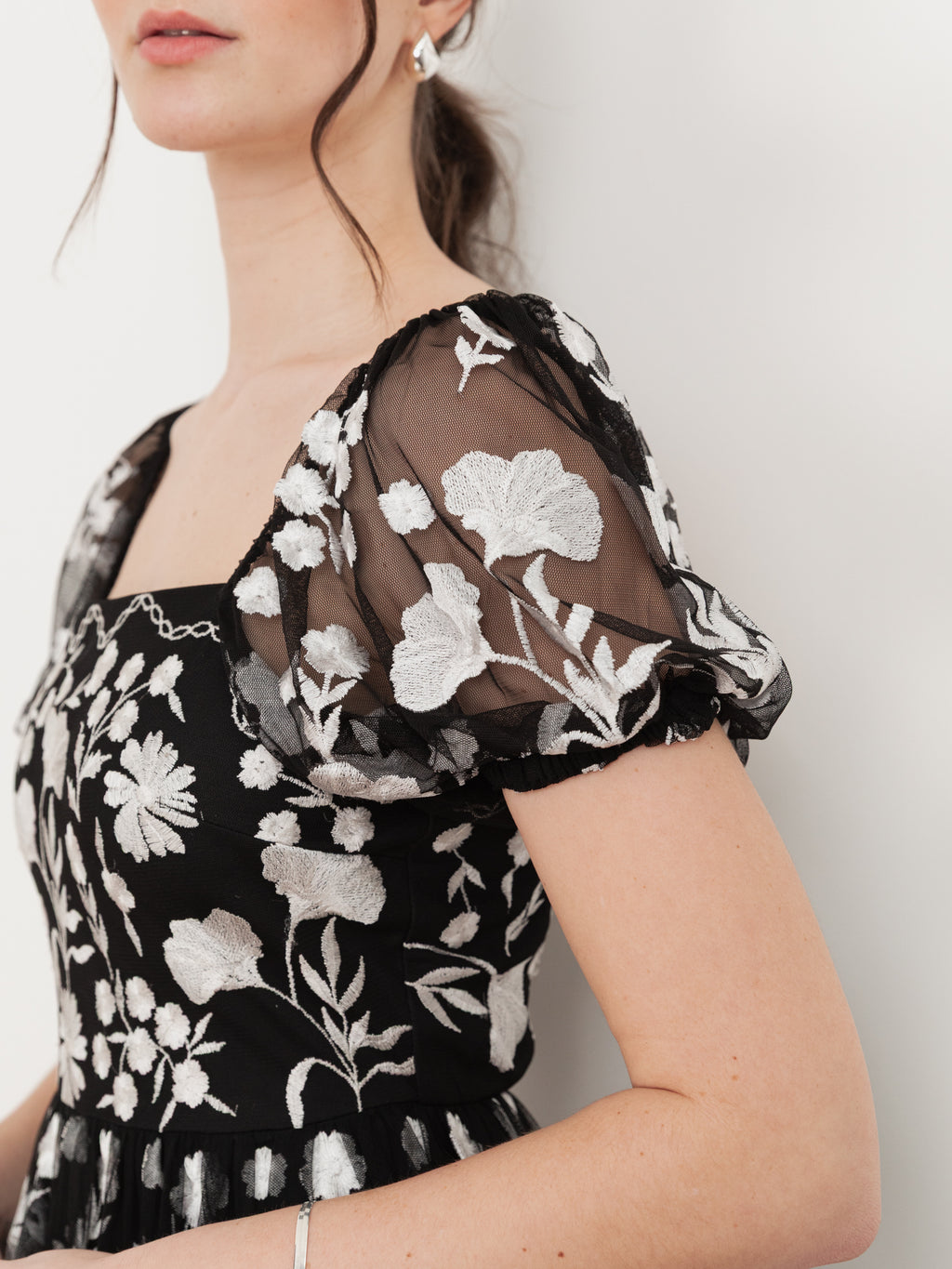 Maya Black Floral Embroidered Short Sleeve Midaxi Dress