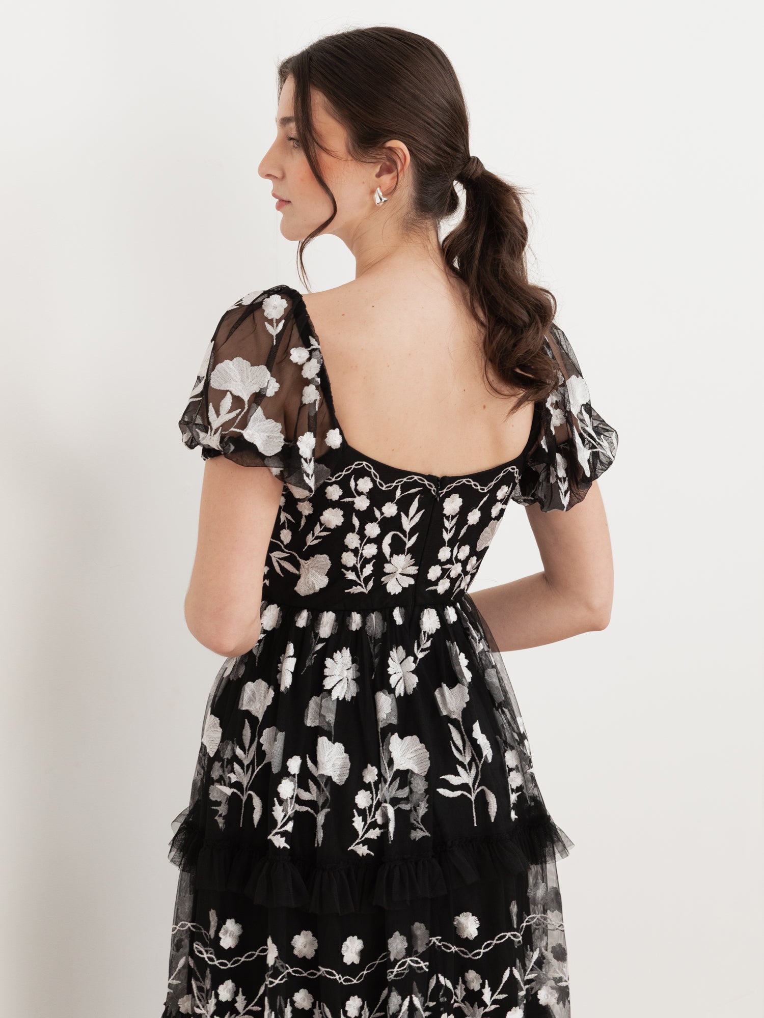 Maya Black Floral Embroidered Short Sleeve Midaxi Dress