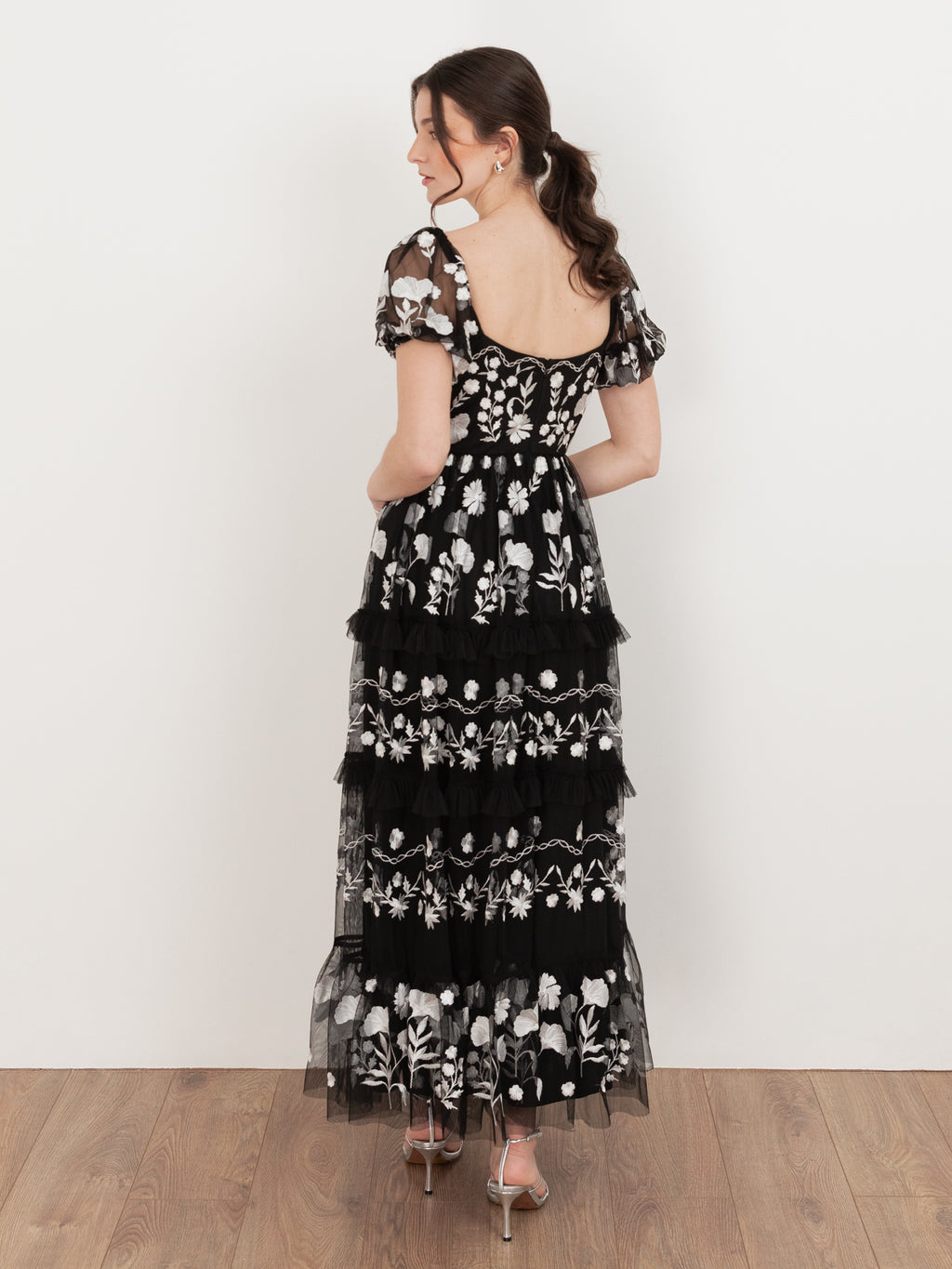 Maya Black Floral Embroidered Short Sleeve Midaxi Dress