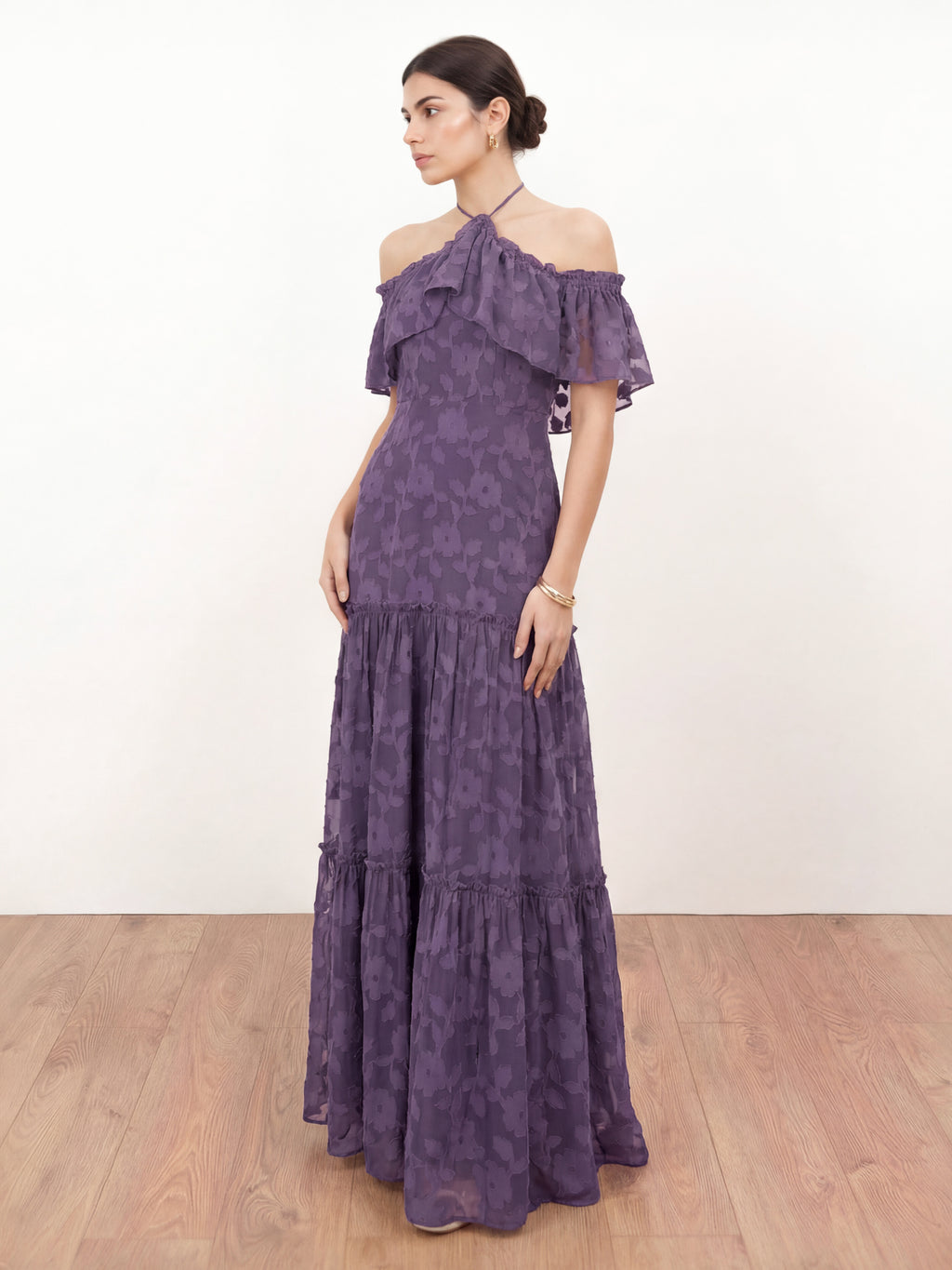 Anaya With Love Recycled Violet Floral Burnout Cold Shoulder Halter Neck Maxi Dress