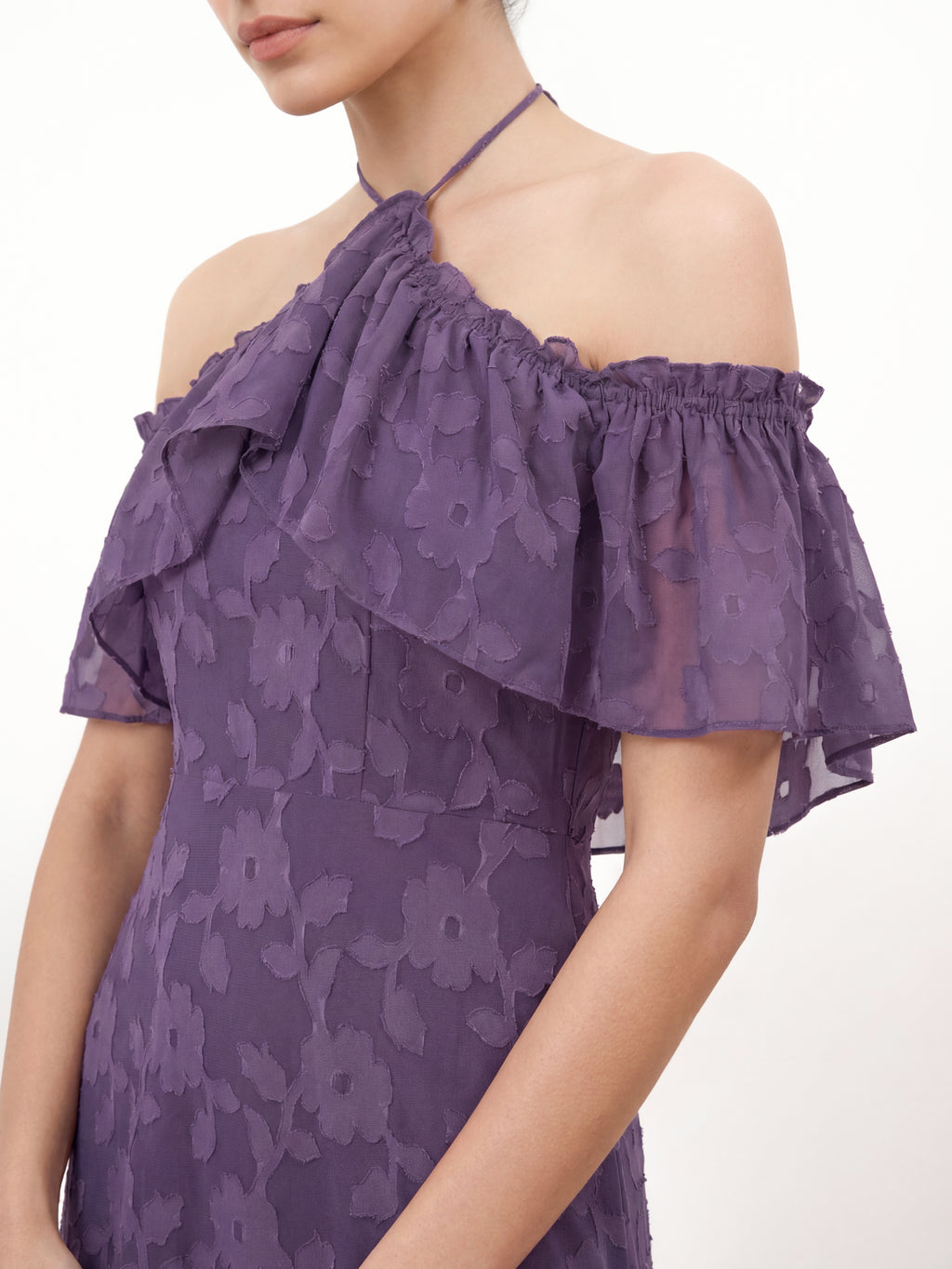 Anaya With Love Recycled Violet Floral Burnout Cold Shoulder Halter Neck Maxi Dress