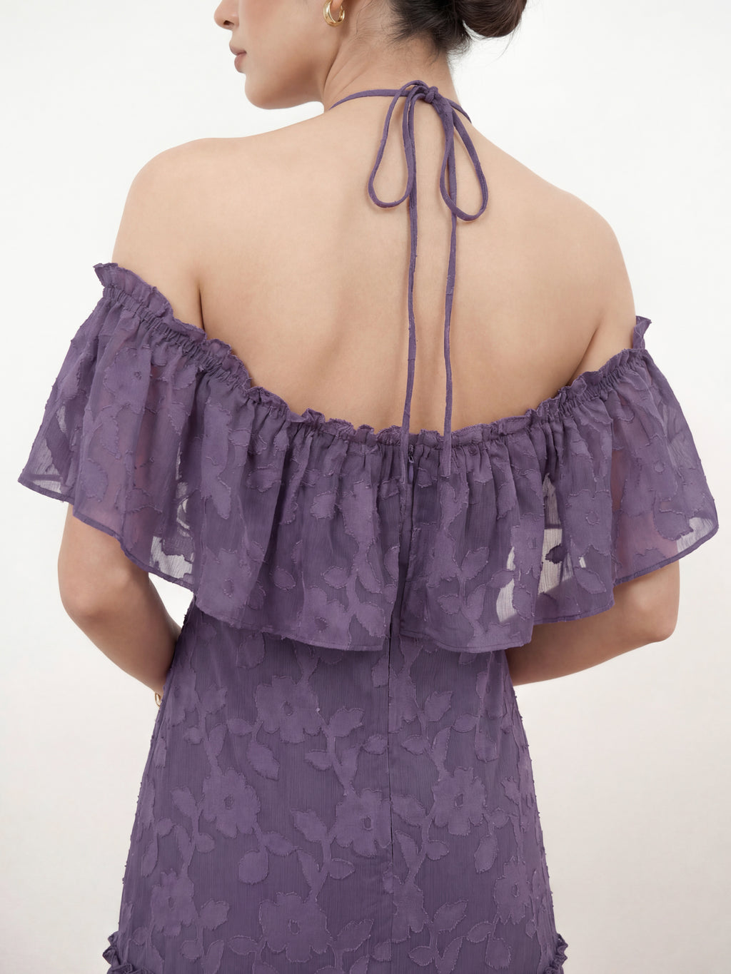 Anaya With Love Recycled Violet Floral Burnout Cold Shoulder Halter Neck Maxi Dress