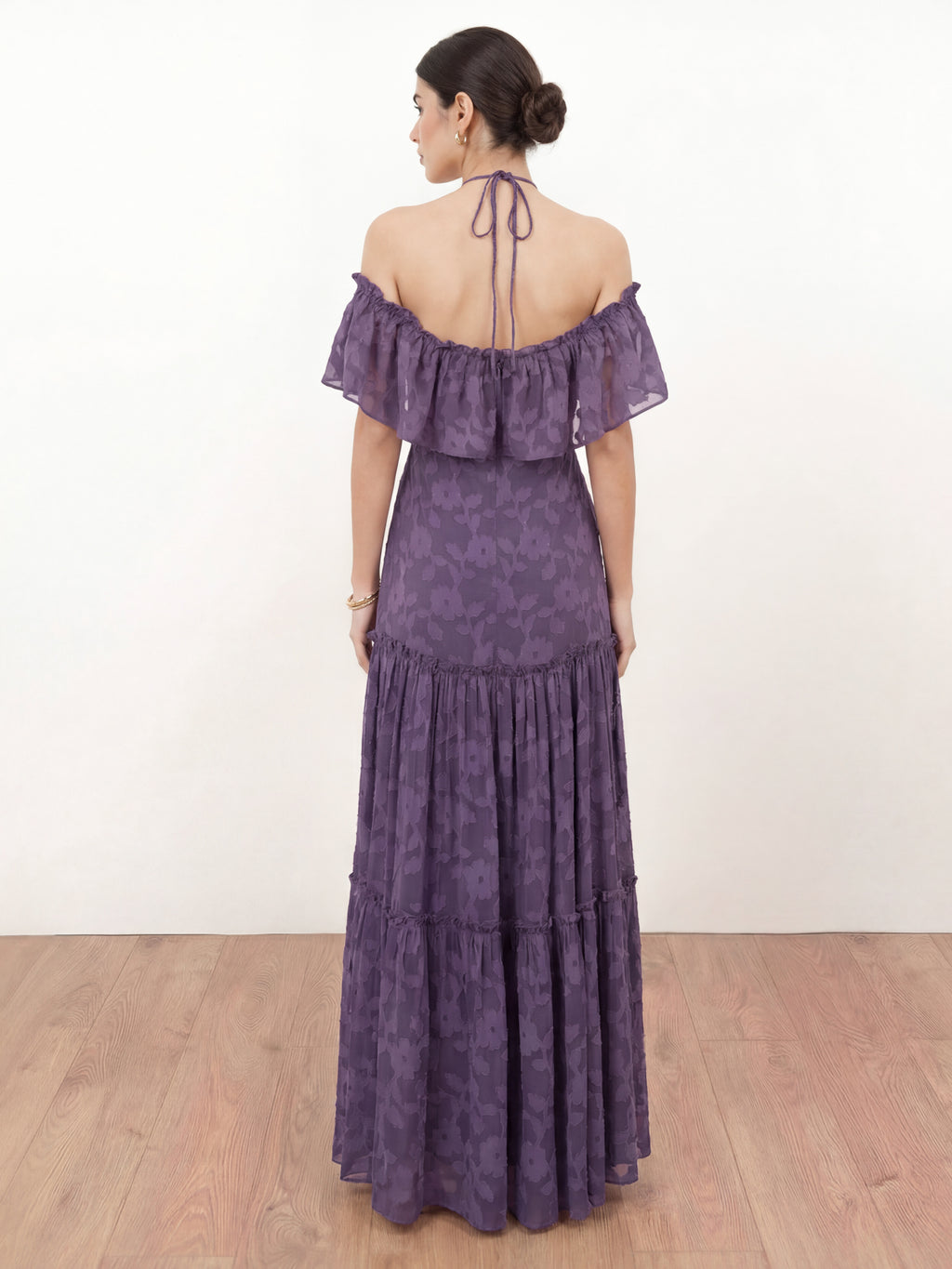 Anaya With Love Recycled Violet Floral Burnout Cold Shoulder Halter Neck Maxi Dress