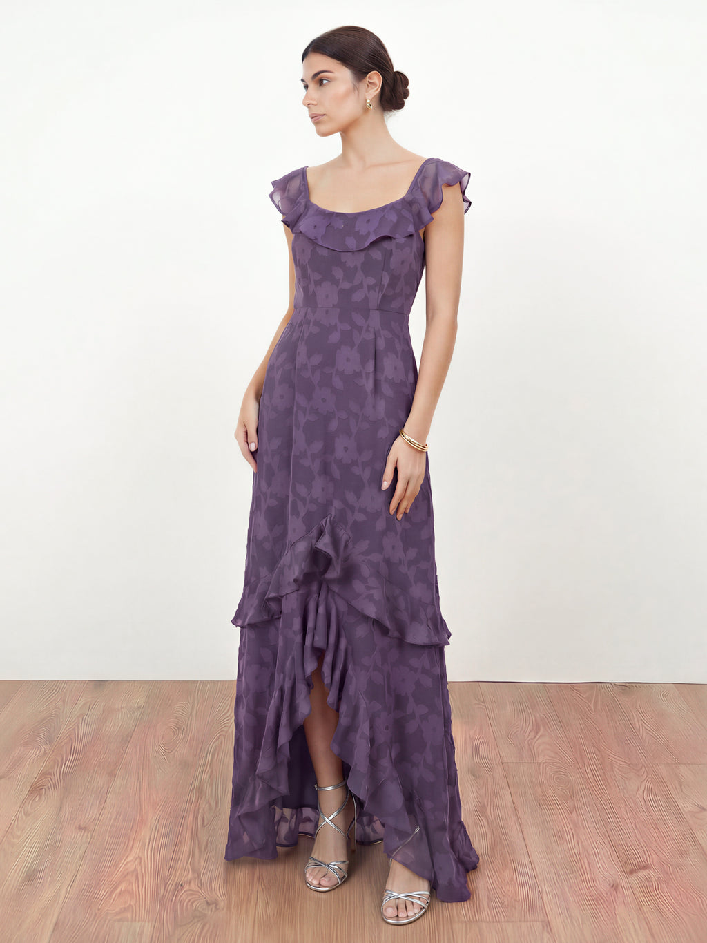 Anaya With Love Recycled Violet Floral Burnout Ruffle Maxi Dress