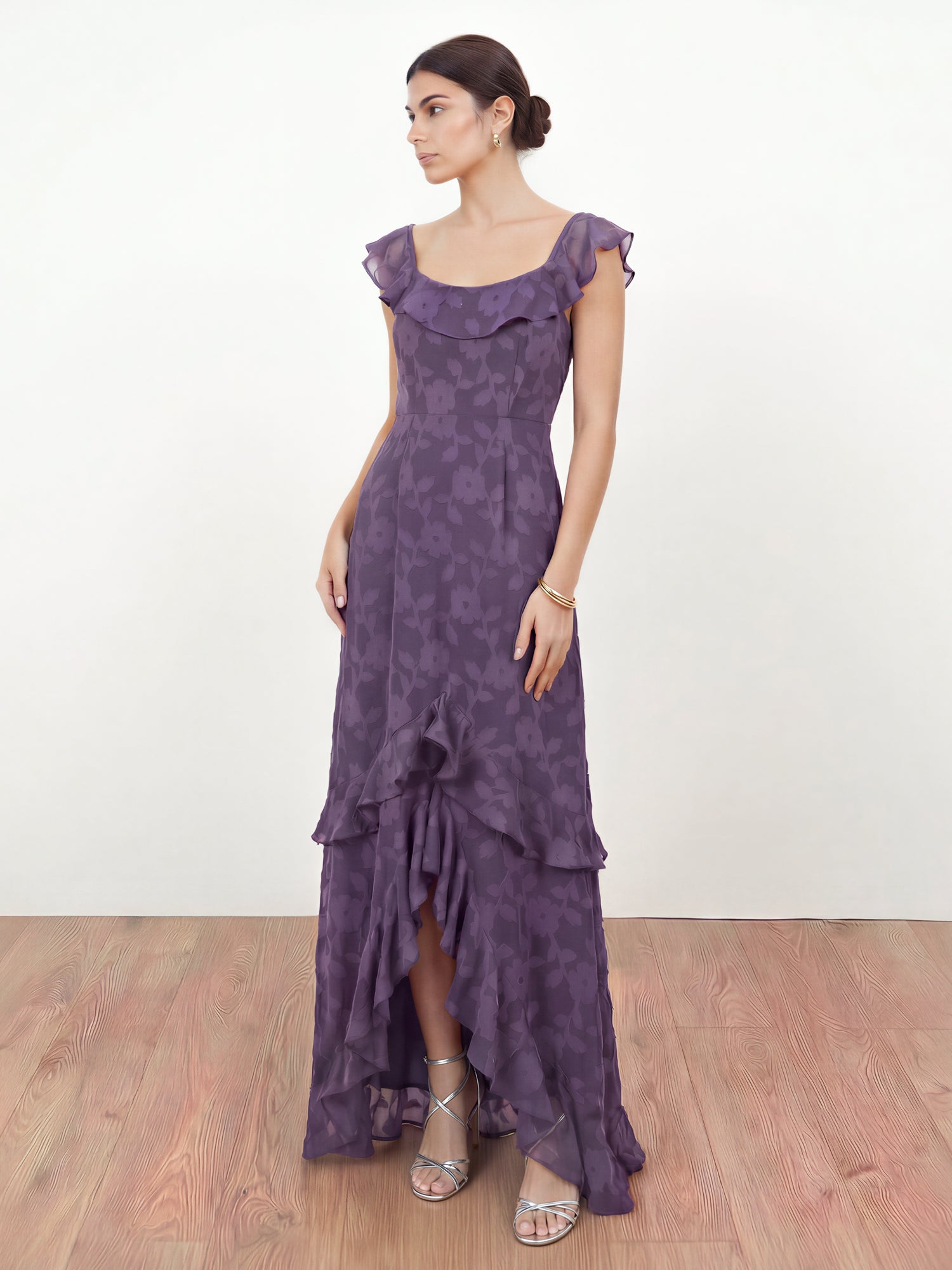 Anaya With Love Recycled Violet Floral Burnout Ruffle Maxi Dress