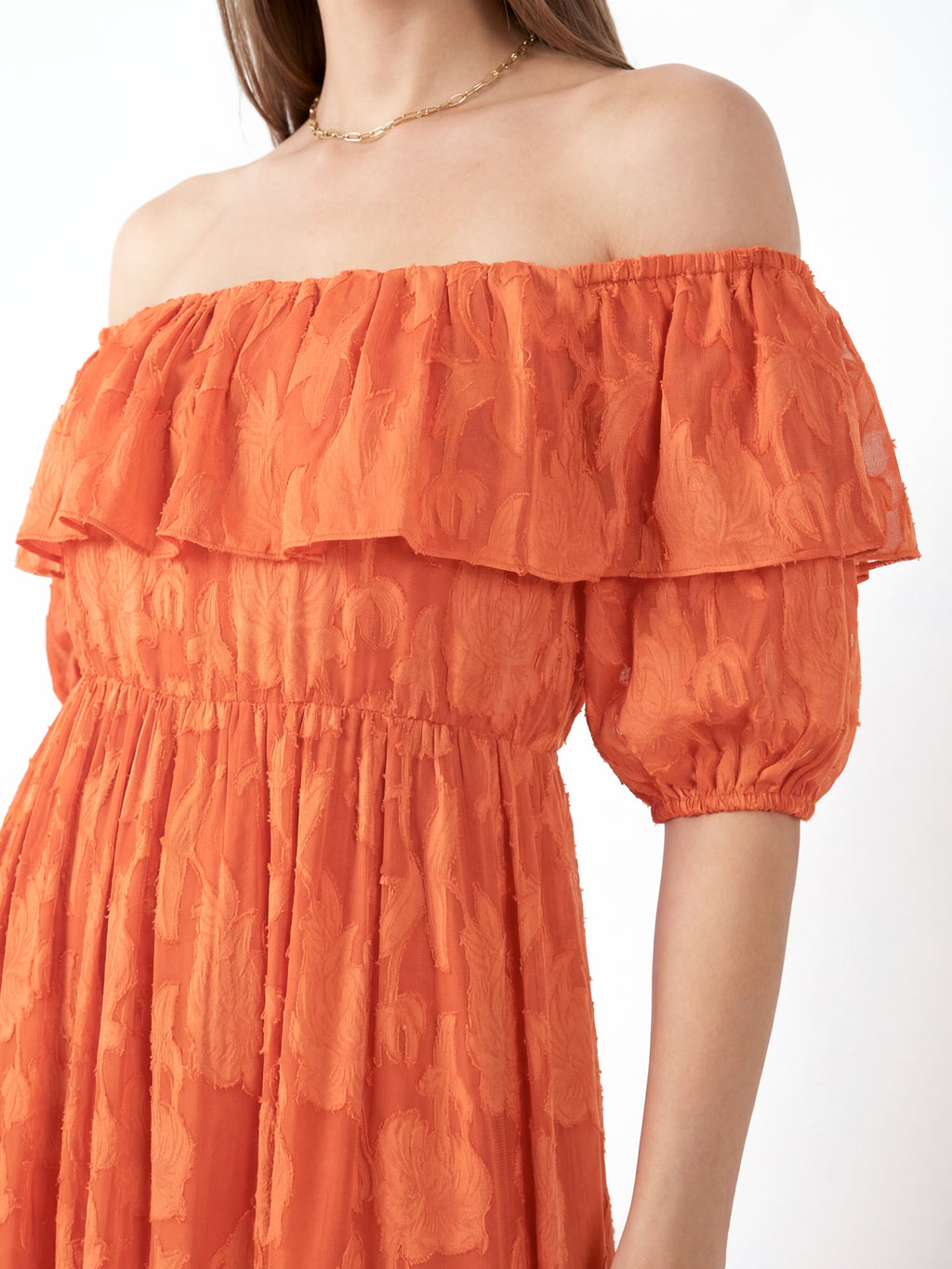 Anaya With Love Recycled Spiced Orange Floral Burnout Bardot Tiered Maxi Dress