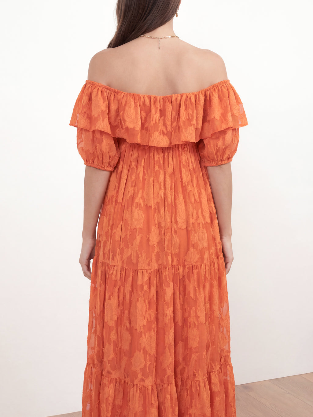 Anaya With Love Recycled Spiced Orange Floral Burnout Bardot Tiered Maxi Dress