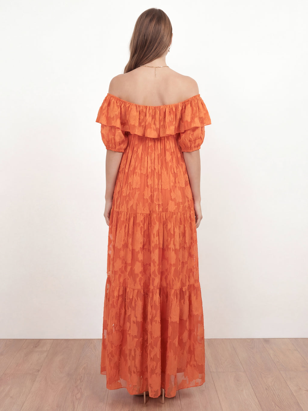 Anaya With Love Recycled Spiced Orange Floral Burnout Bardot Tiered Maxi Dress