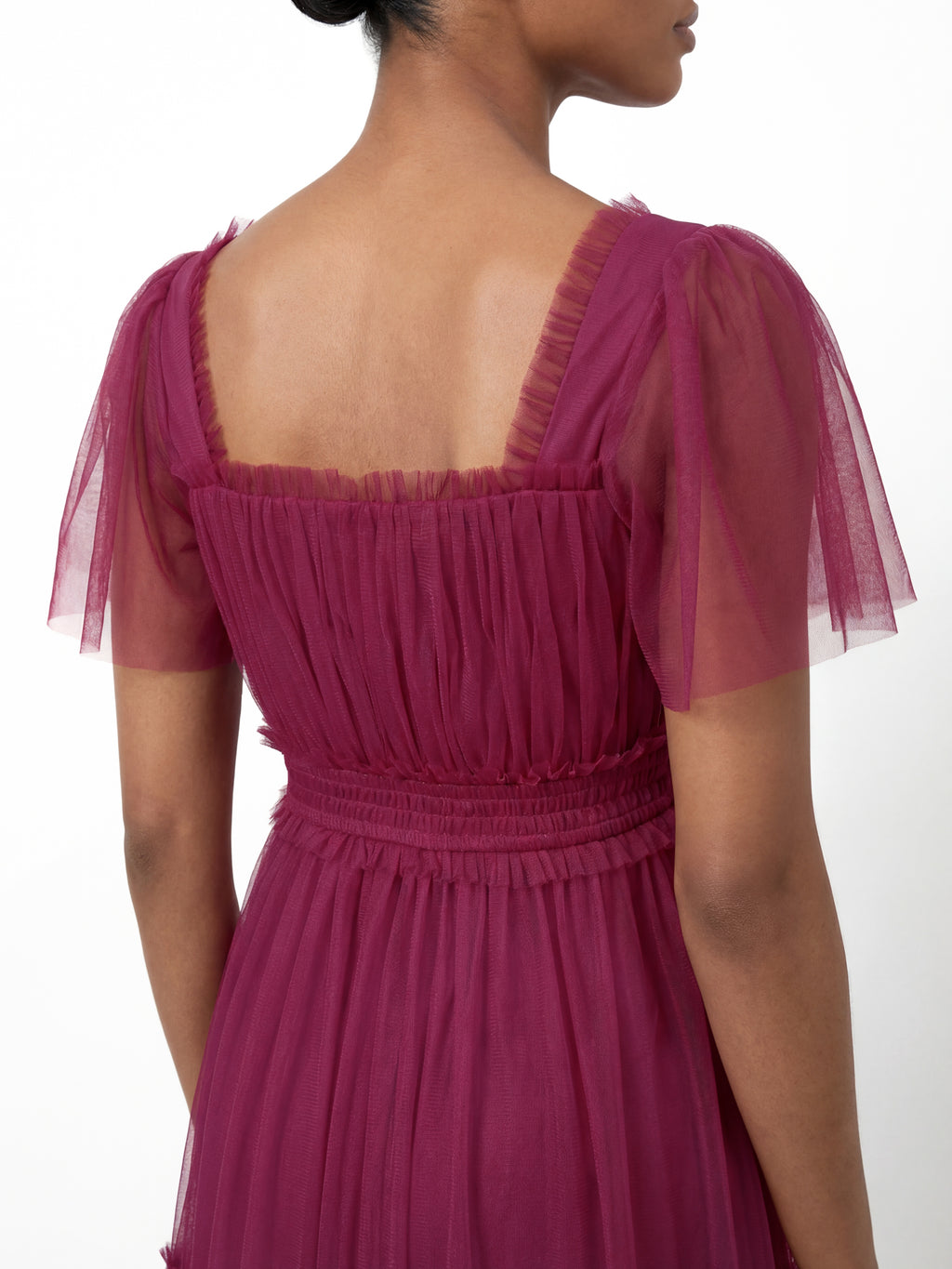 Anaya With Love Recycled Cerise Square Neck Short Sleeve Tulle Midaxi Dress