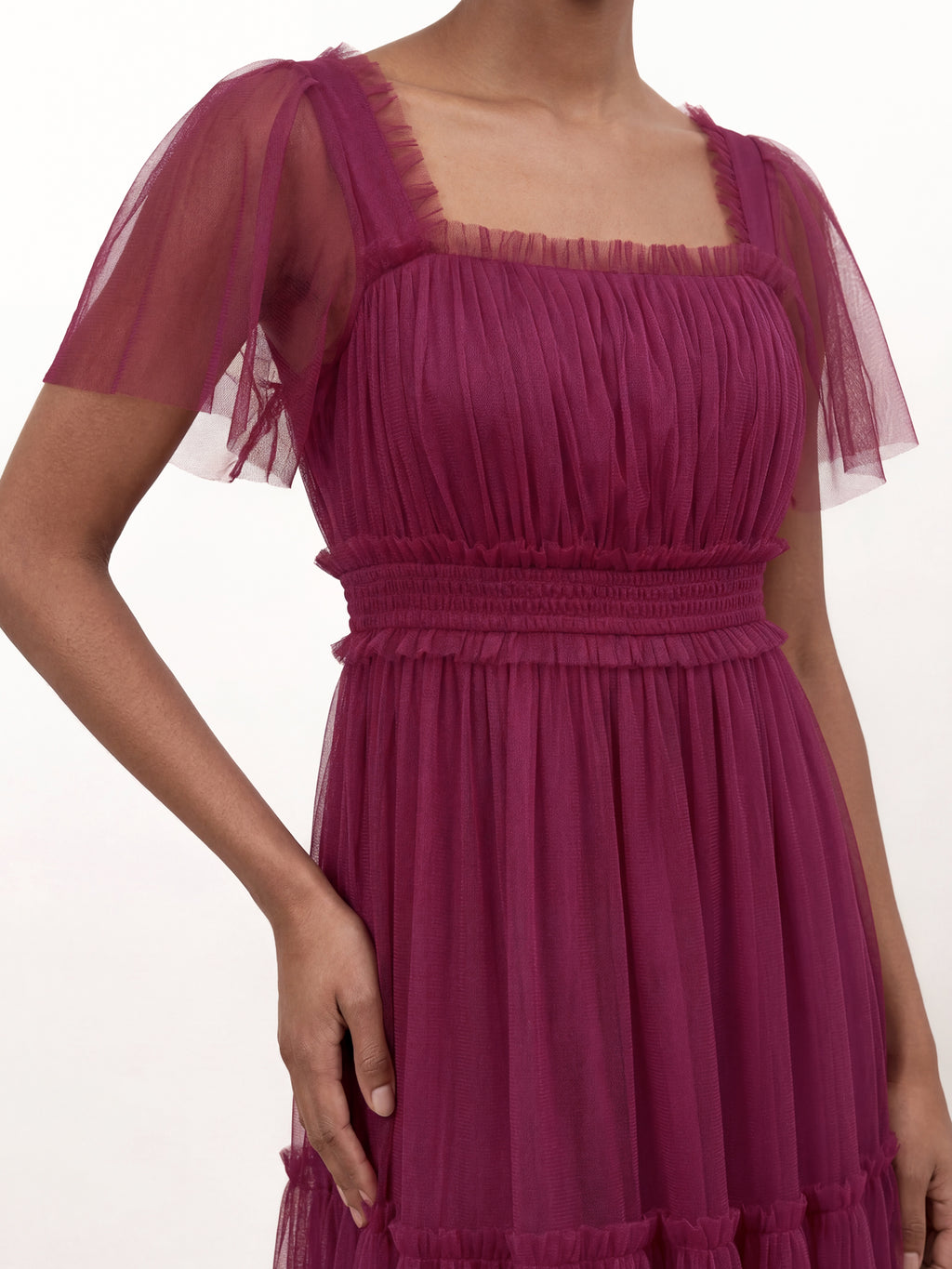 Anaya With Love Recycled Cerise Square Neck Short Sleeve Tulle Midaxi Dress