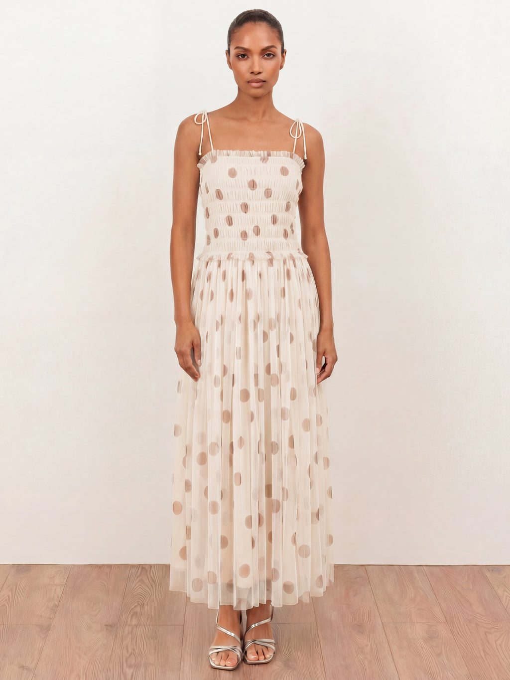Anaya With Love Recycled Polka Dot Shirred Self-Tie Cami Midi Dress