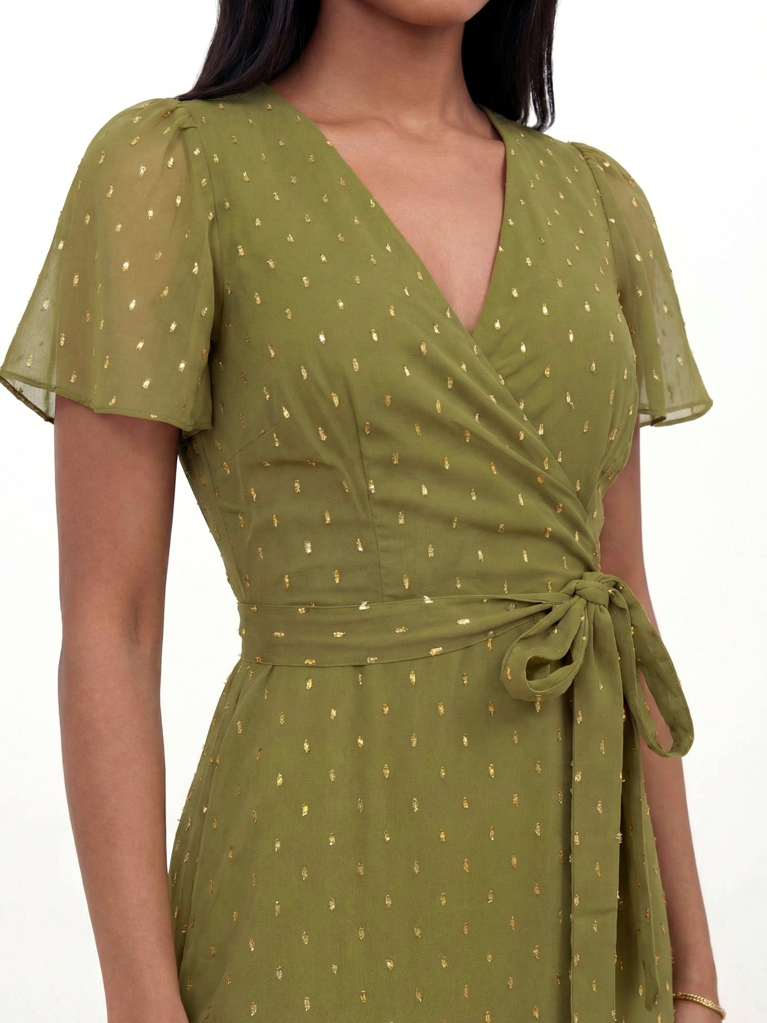 Anaya With Love Recycled Olive Faux Wrap Ruffle Midaxi Dress