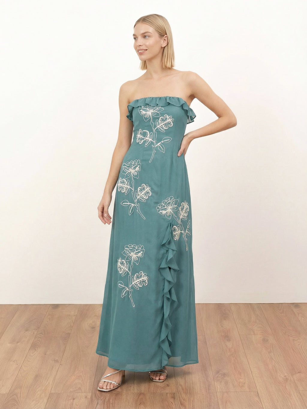 Maya Turquoise Floral Embroidered Bandeau Maxi Dress