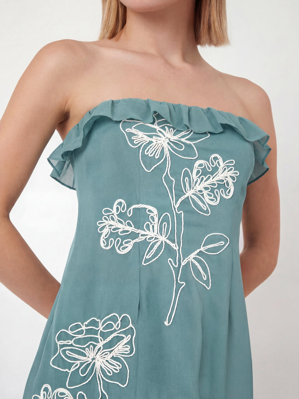 Maya Turquoise Floral Embroidered Bandeau Maxi Dress