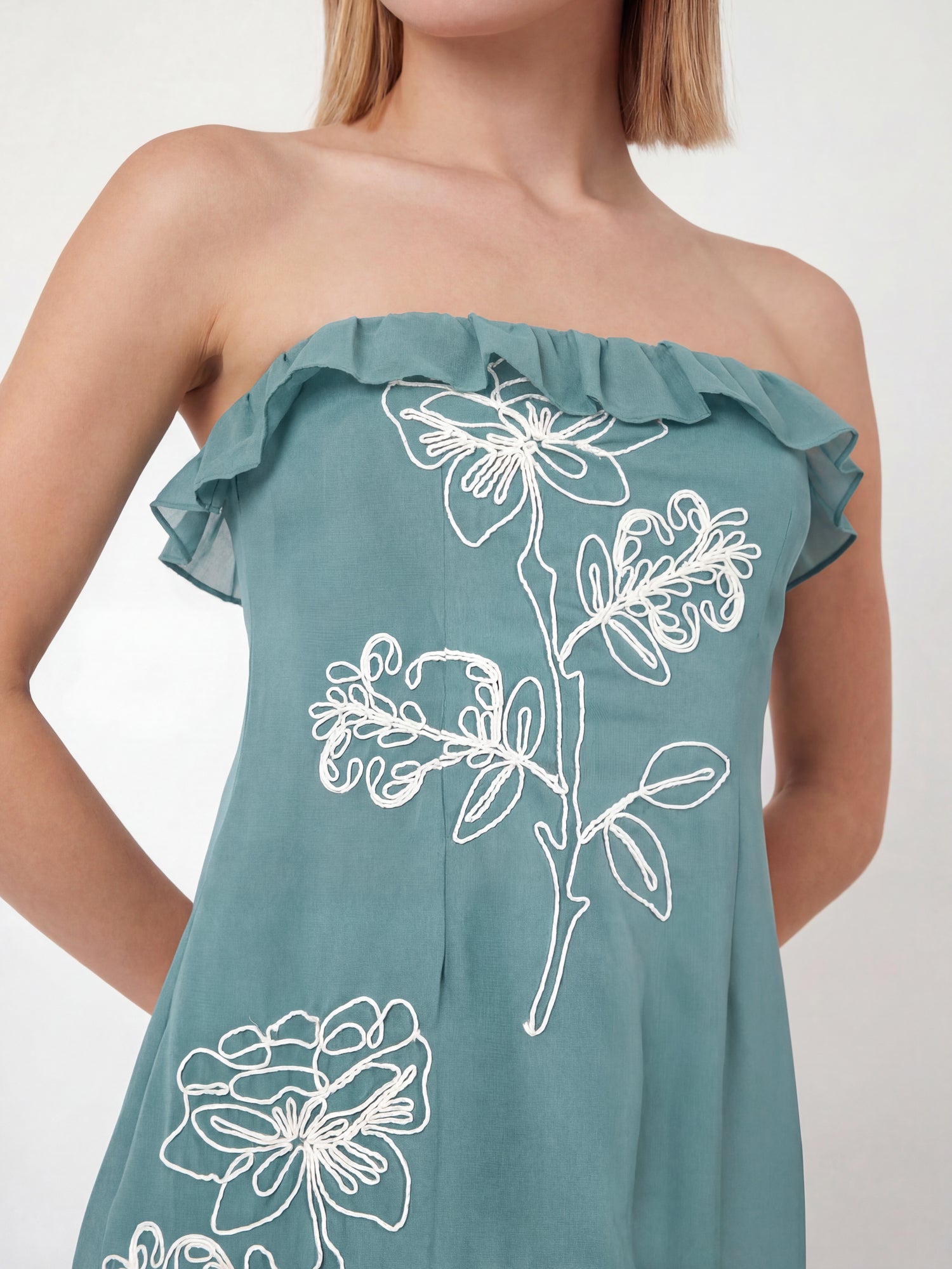 Maya Turquoise Floral Embroidered Bandeau Maxi Dress