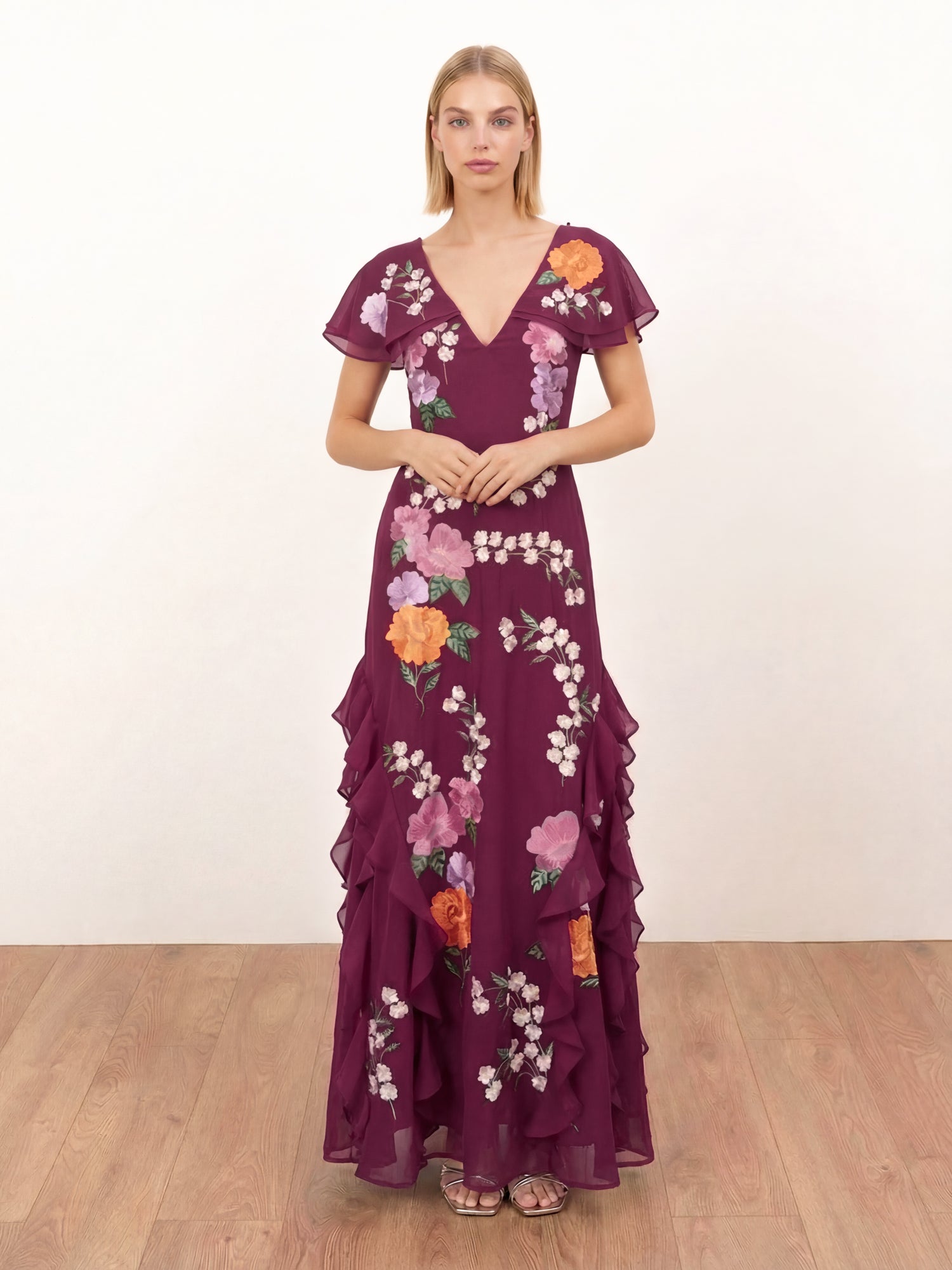 Maya Deep Pink Floral Embroidered Cape Sleeve Tie Back Maxi Dress
