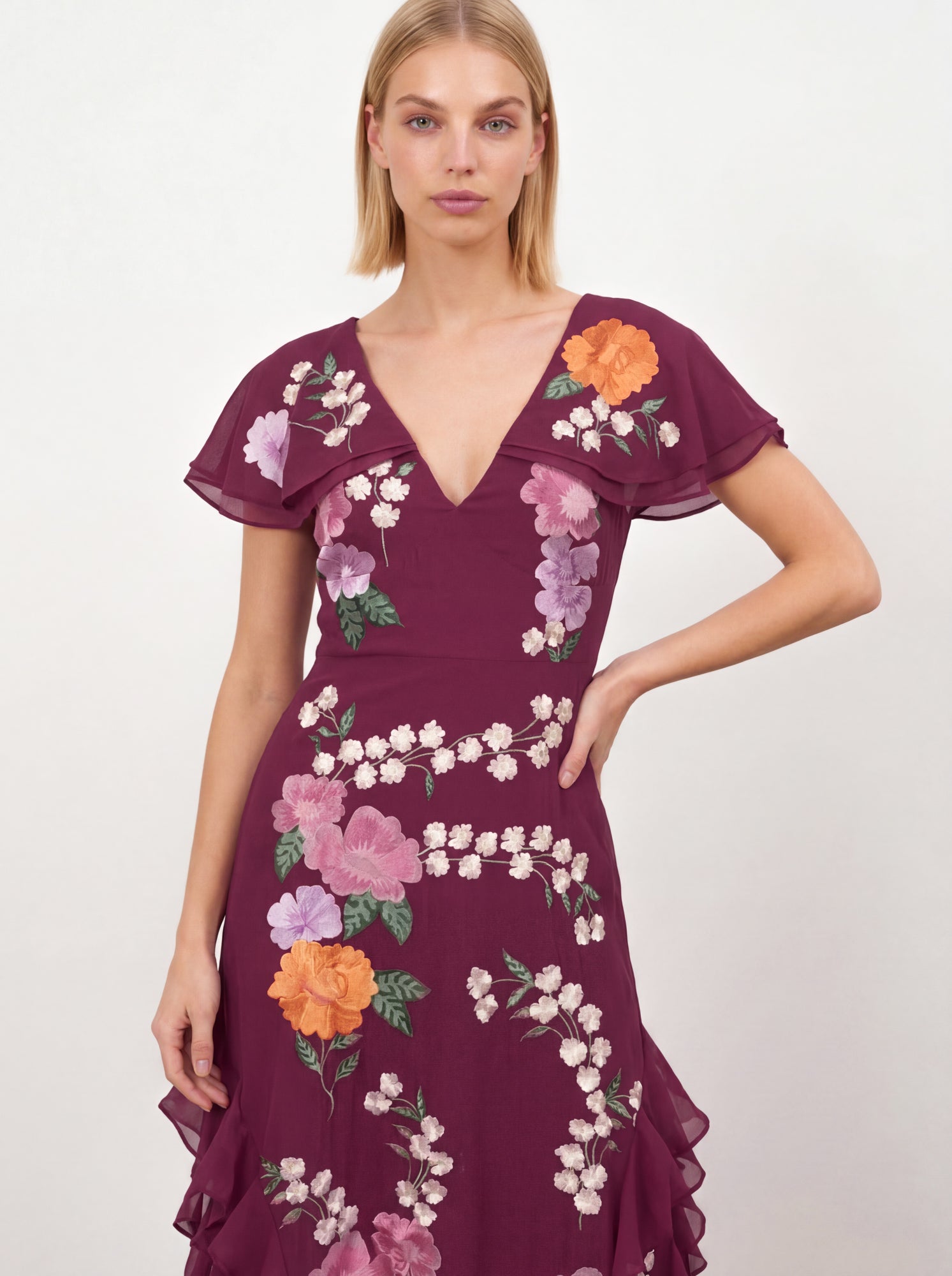 Maya Deep Pink Floral Embroidered Cape Sleeve Tie Back Maxi Dress