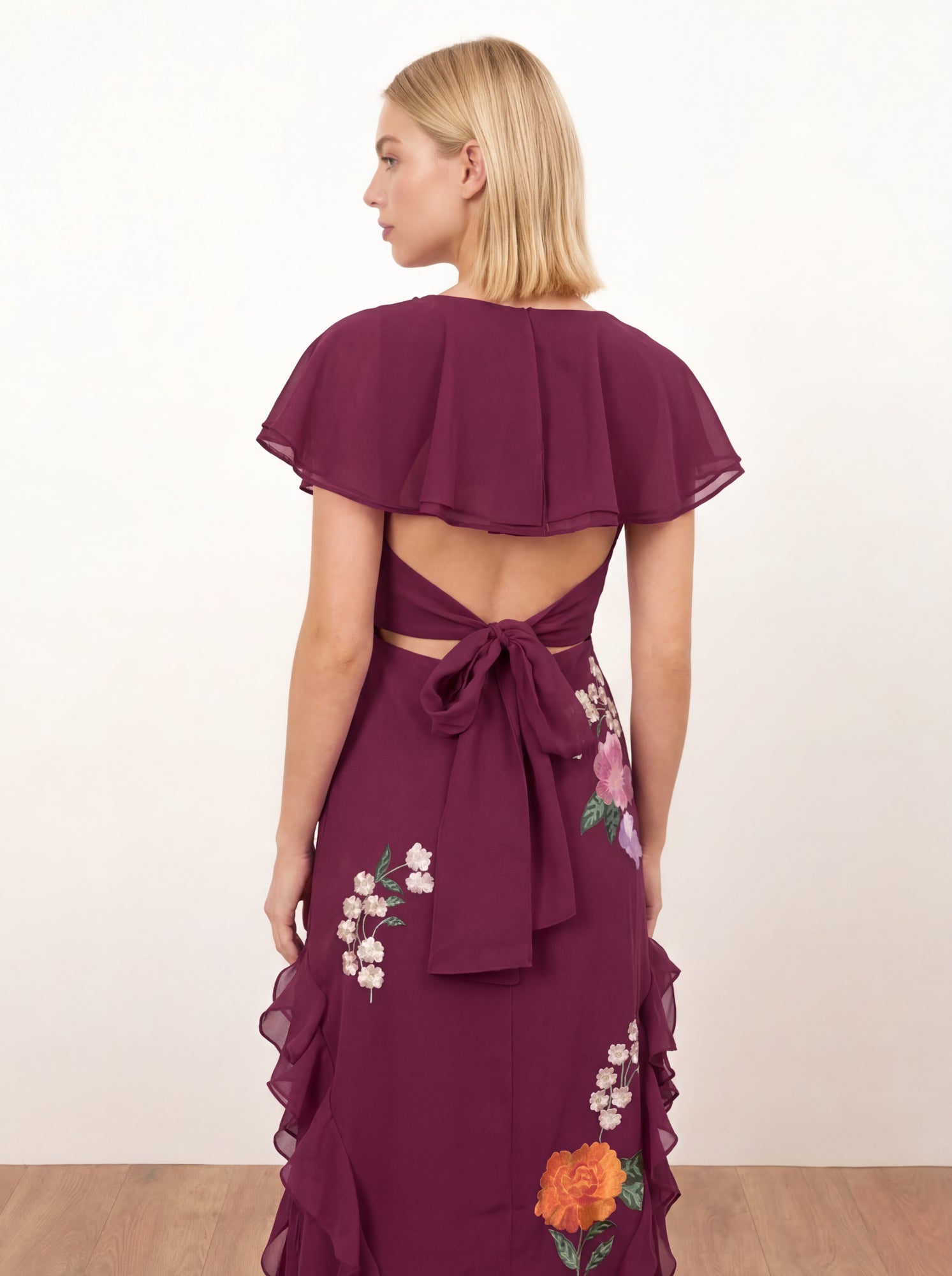 Maya Deep Pink Floral Embroidered Cape Sleeve Tie Back Maxi Dress