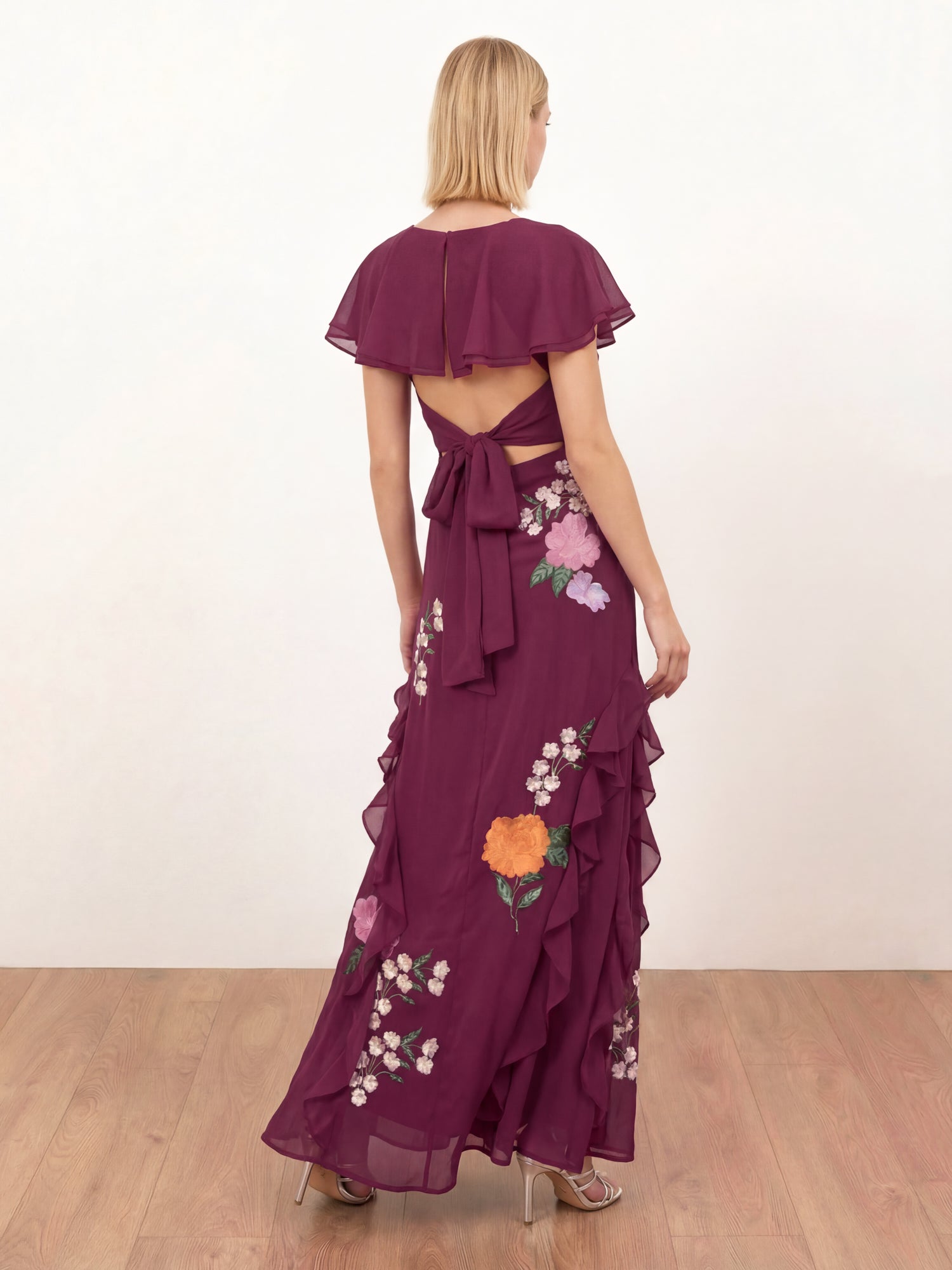 Maya Deep Pink Floral Embroidered Cape Sleeve Tie Back Maxi Dress