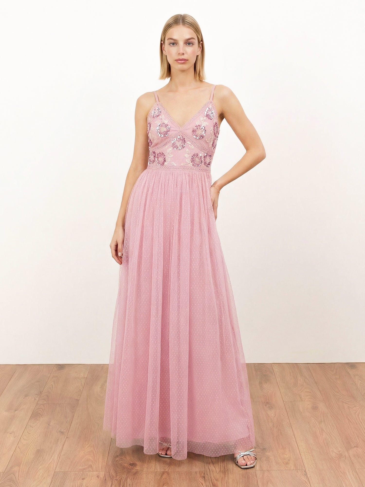 Maya Soft Pink Floral Embellished Spot Mesh Cami Maxi Dress