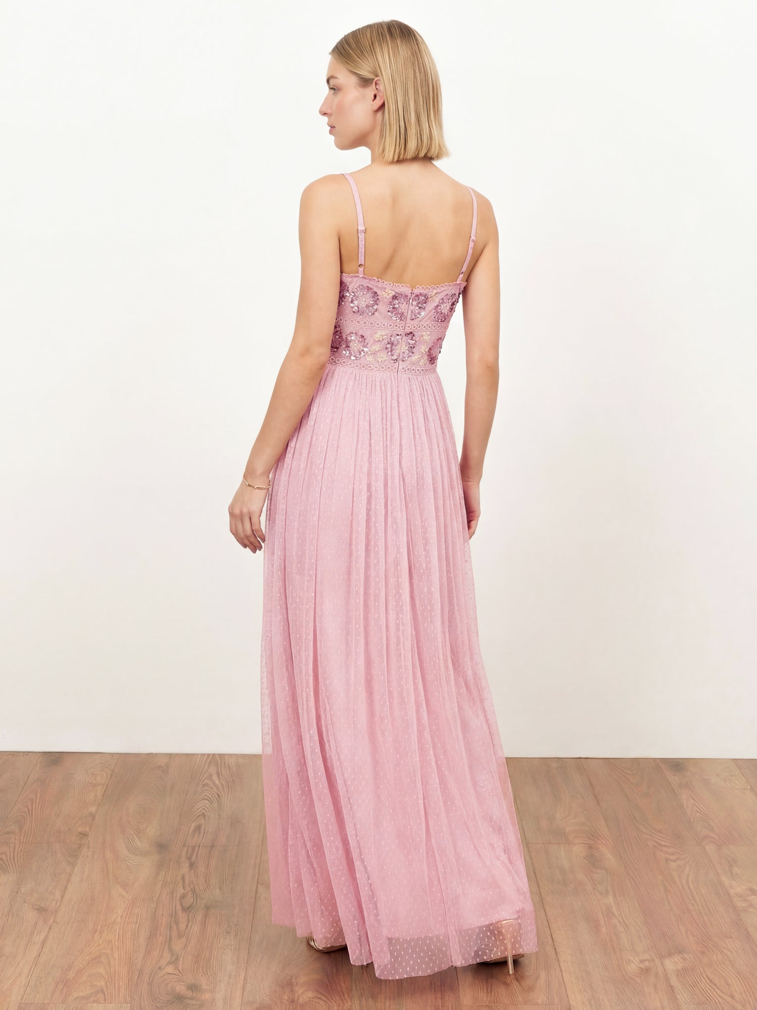 Maya Soft Pink Floral Embellished Spot Mesh Cami Maxi Dress