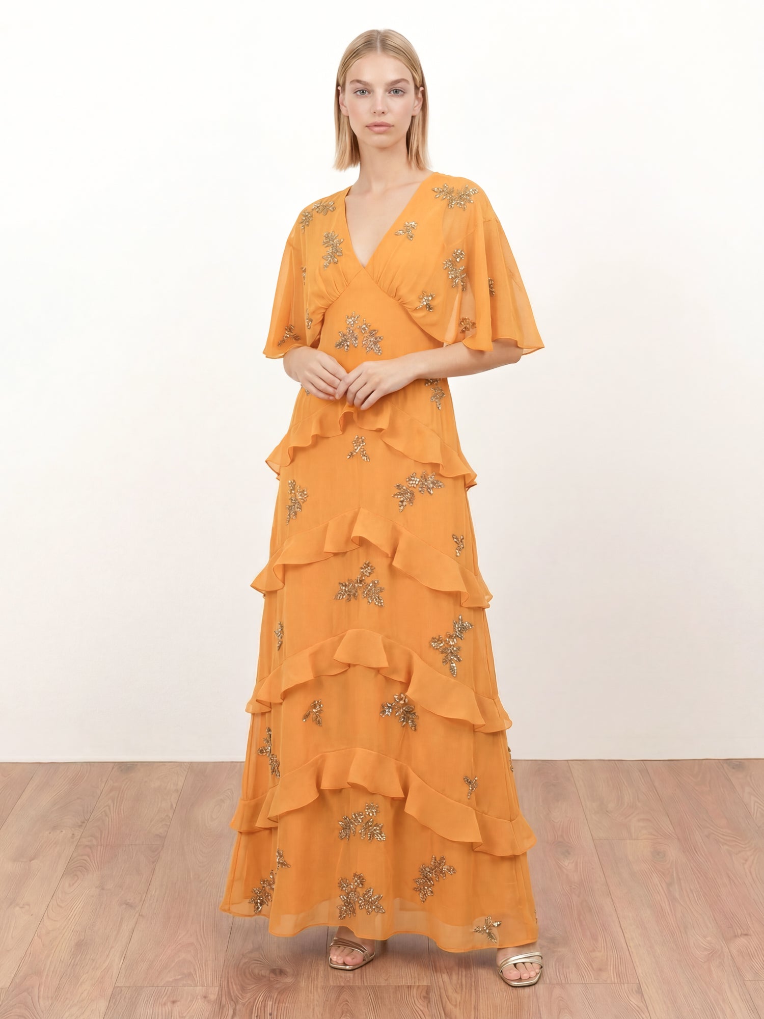 Maya Amber Floral Embellished V Neck Kimono Sleeve Ruffled Maxi Dress