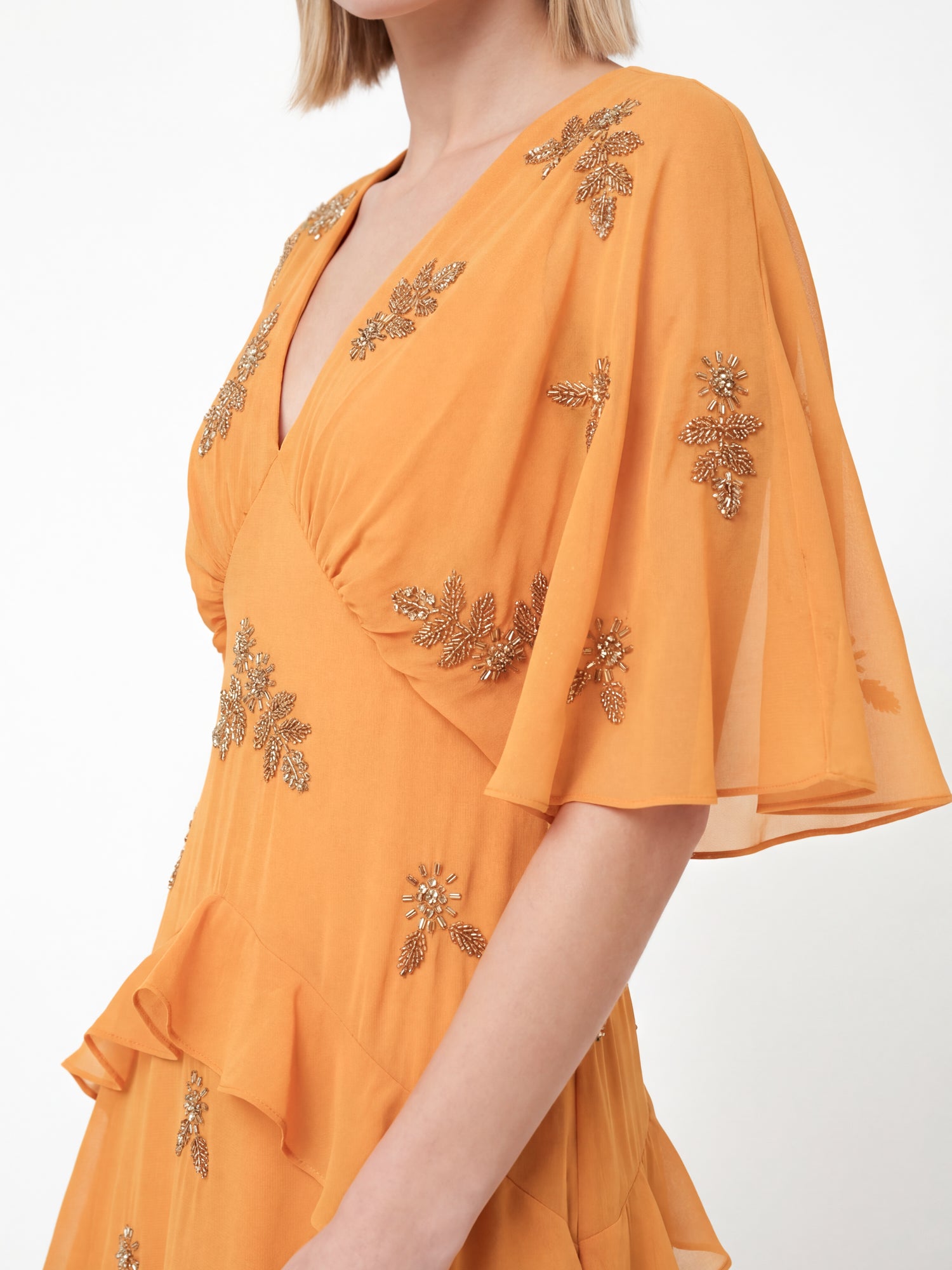 Maya Amber Floral Embellished V Neck Kimono Sleeve Ruffled Maxi Dress